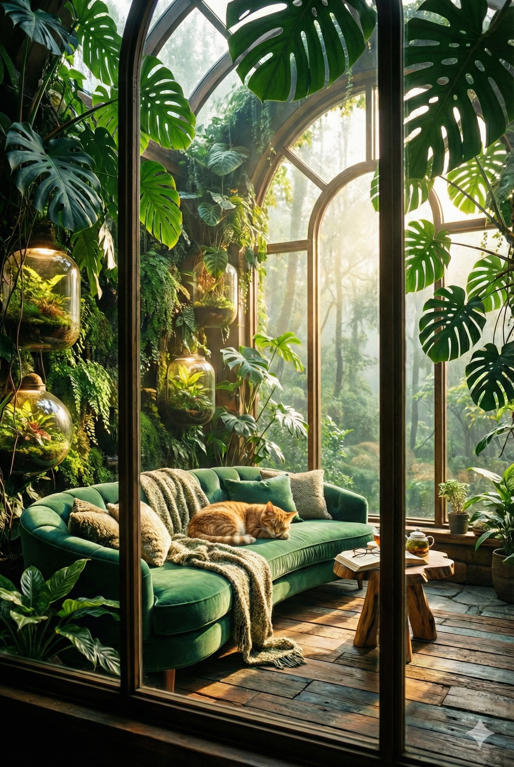 植物に囲まれたサンルームの縦構図、アーチ窓と森の風景