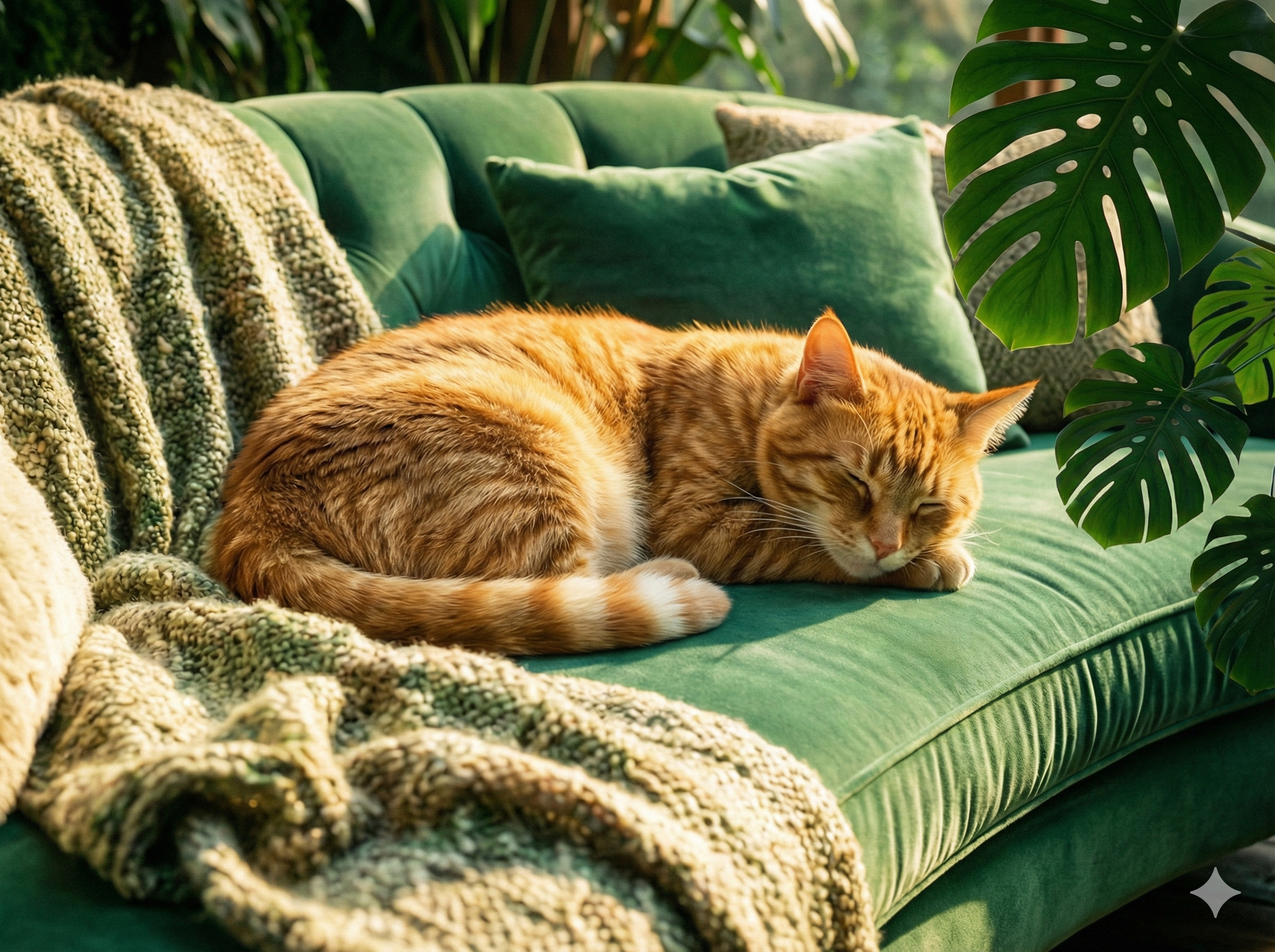 緑のベルベットソファの上で丸くなって眠る茶トラ猫のアップ