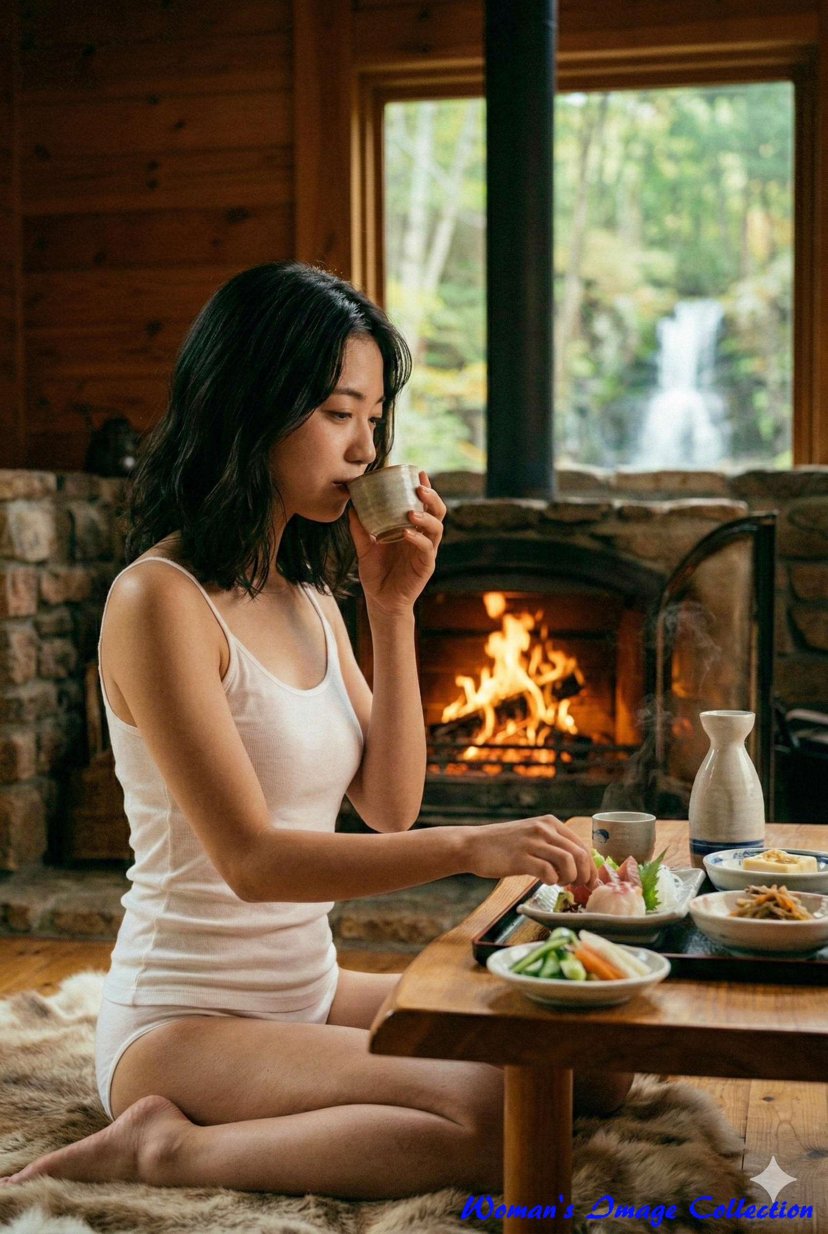 テーブルの上の肴に手を伸ばす女性。暖炉の火と窓外の滝が背景に広がる。