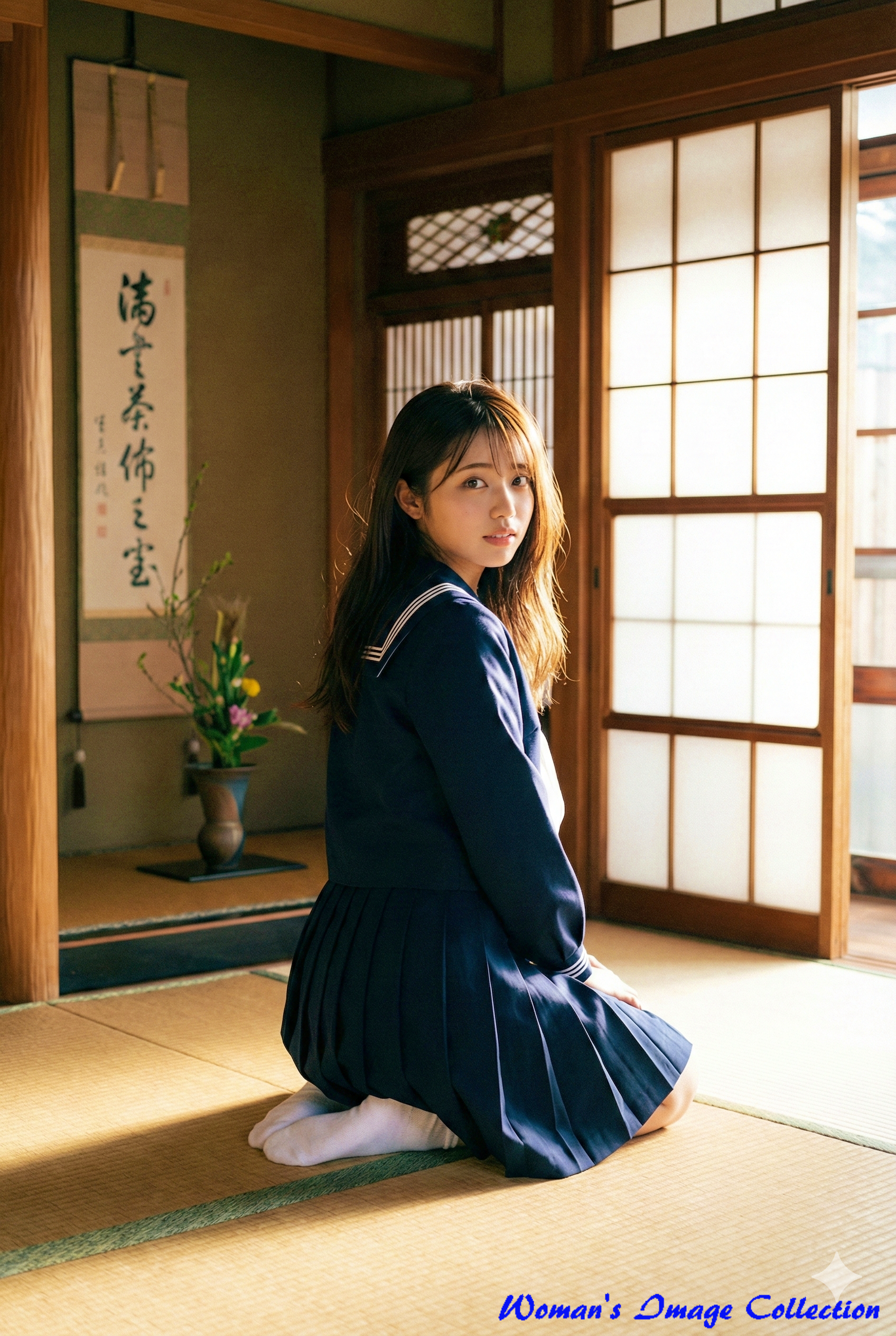 強い自然光が差し込む和室で振り返るセーラー服姿の女子高生 実写風ポートレート Gemini生成