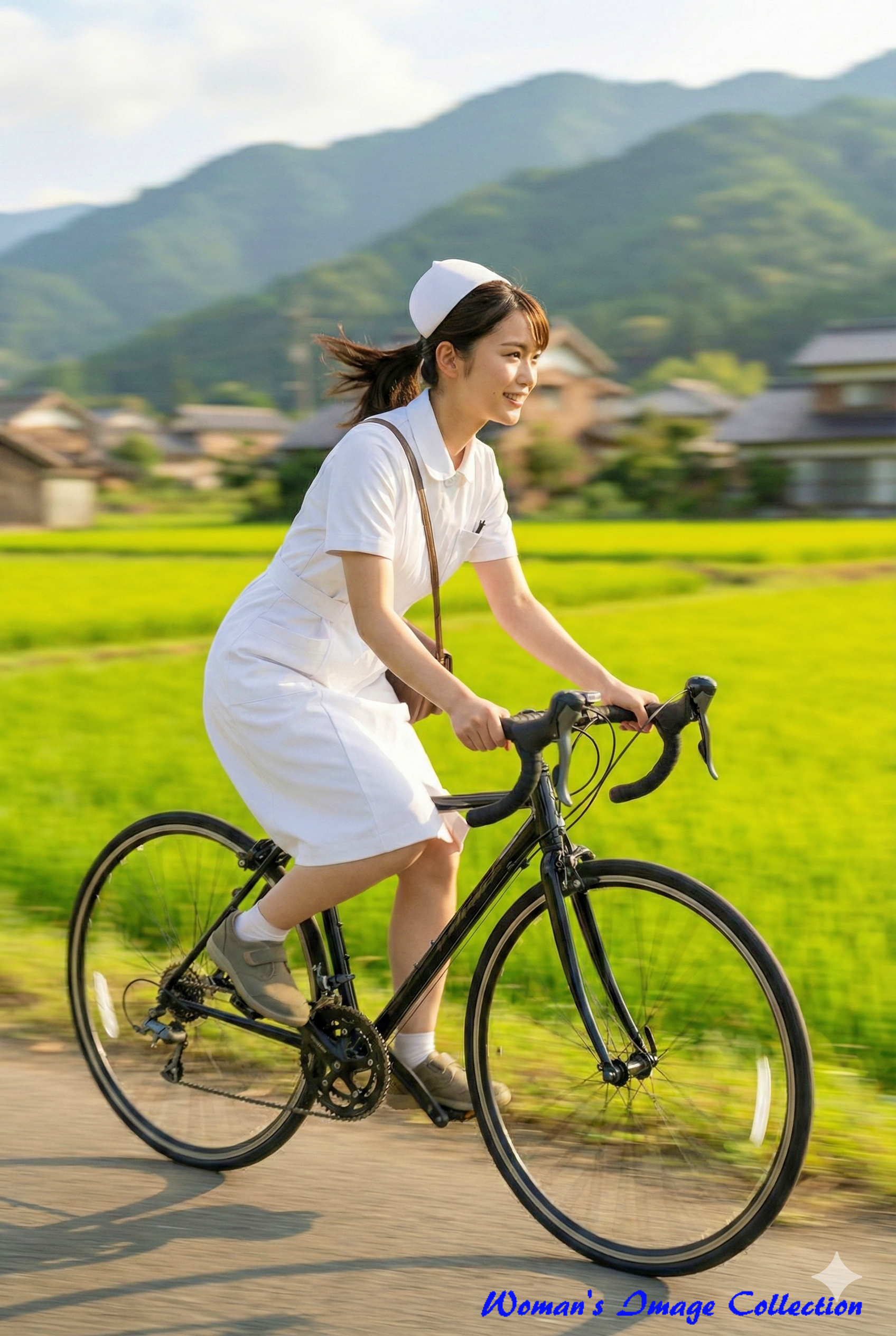 自転車で軽快に走る看護師の躍動感ある姿
