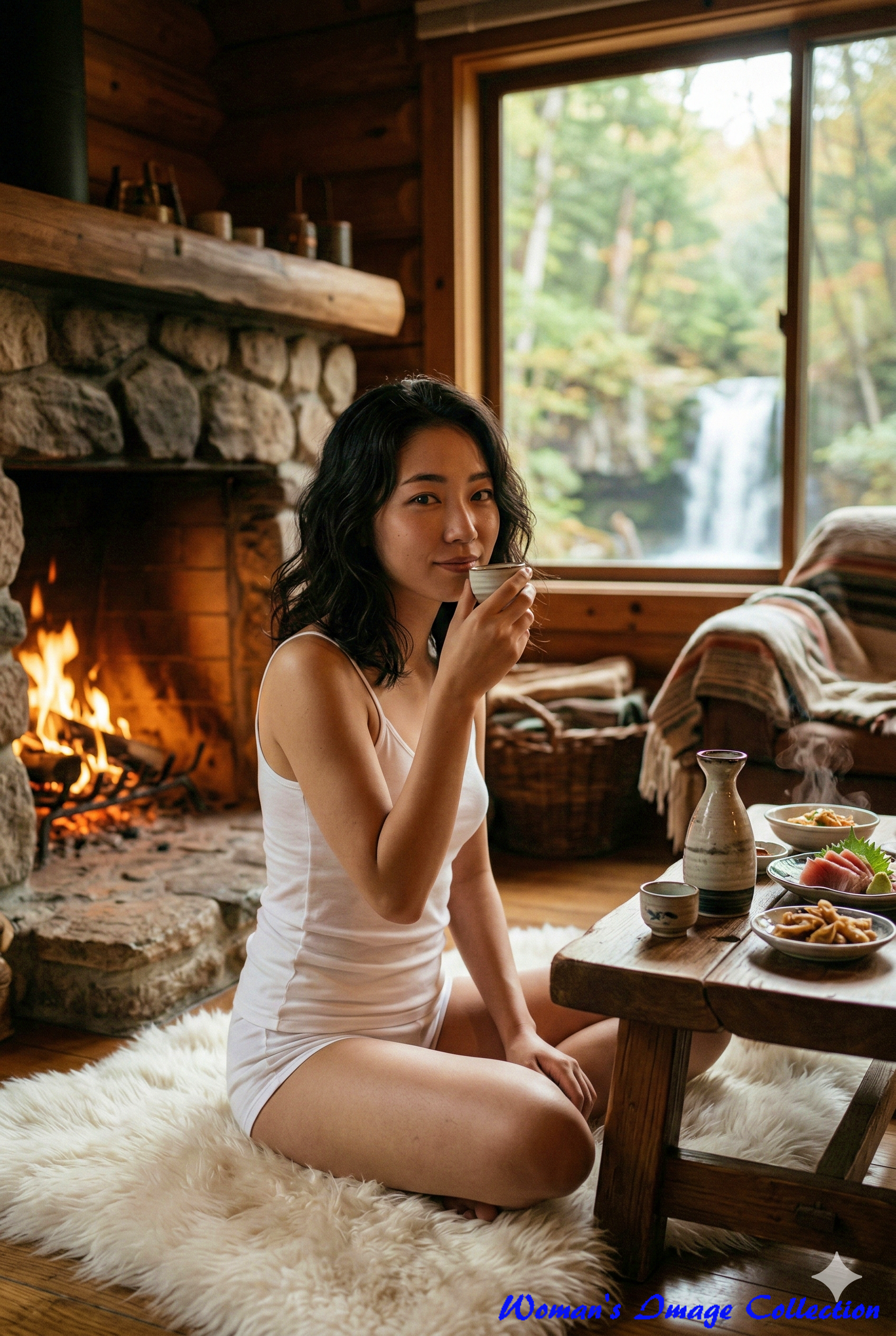 盃を持ちながらこちらに微笑みかける女性。広い窓から見える森と滝の景色。