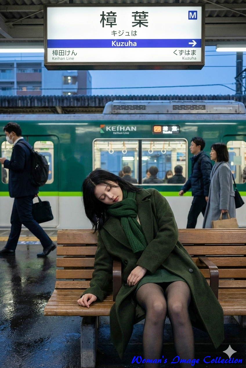 駅のホームのベンチで眠る緑のコートの女性。背景には電車と歩く人々が写っている。