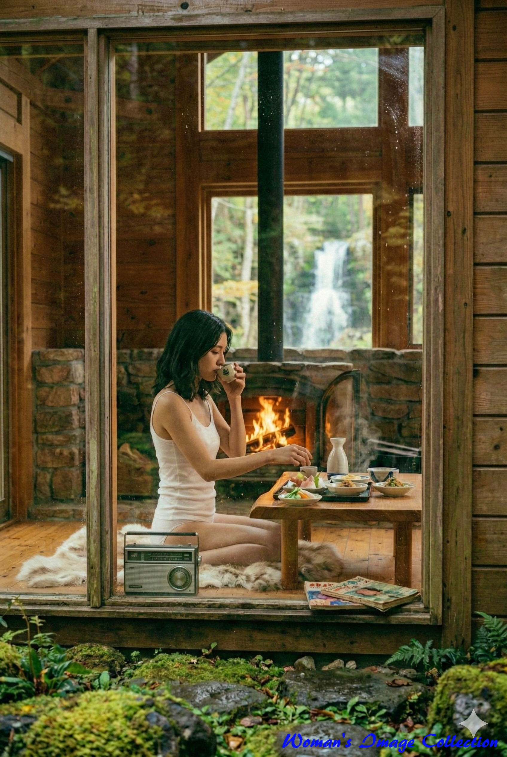 窓枠越しに覗く室内の風景。手前の苔むした庭と、室内のラジカセや雑誌が昭和レトロを演出。
