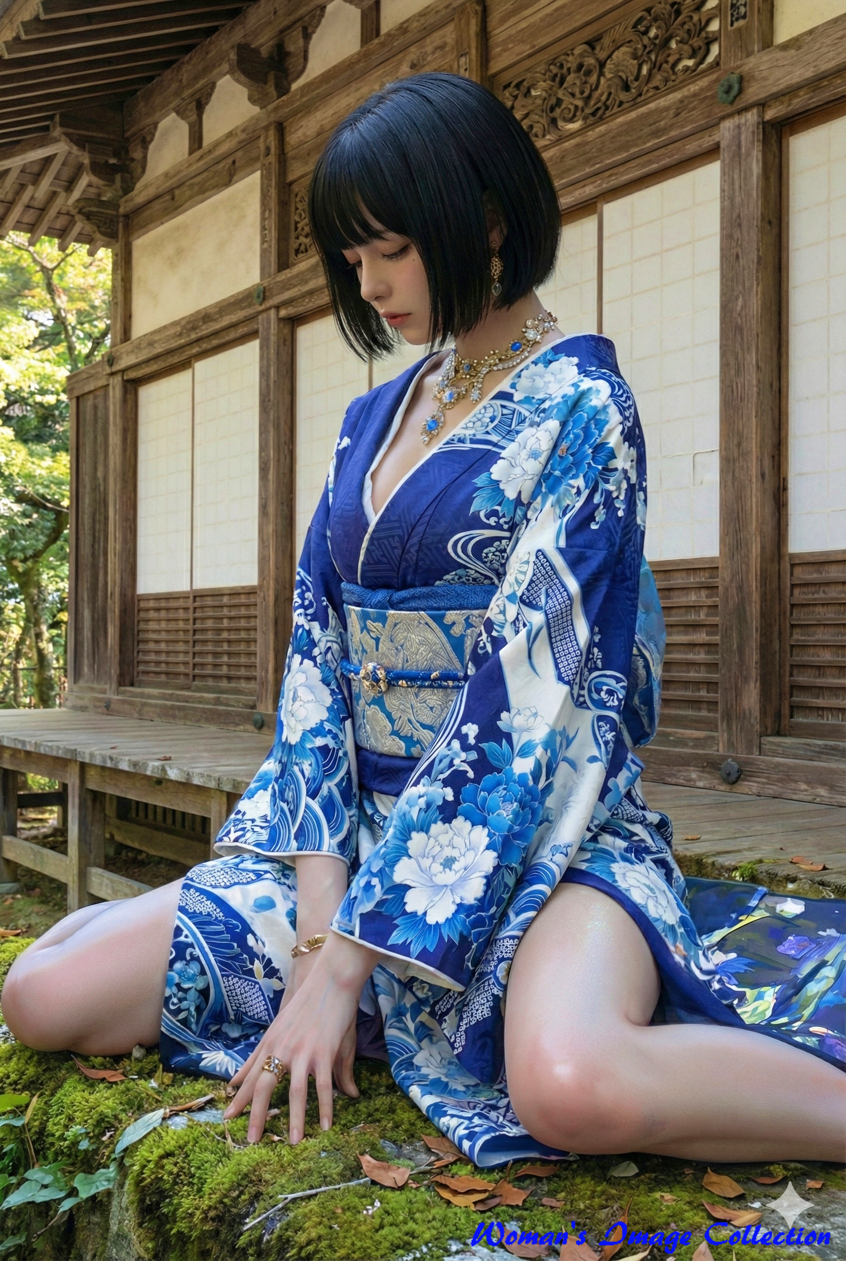 苔むした石に手をつきうつむく青い着物を着た女性のポートレート画像