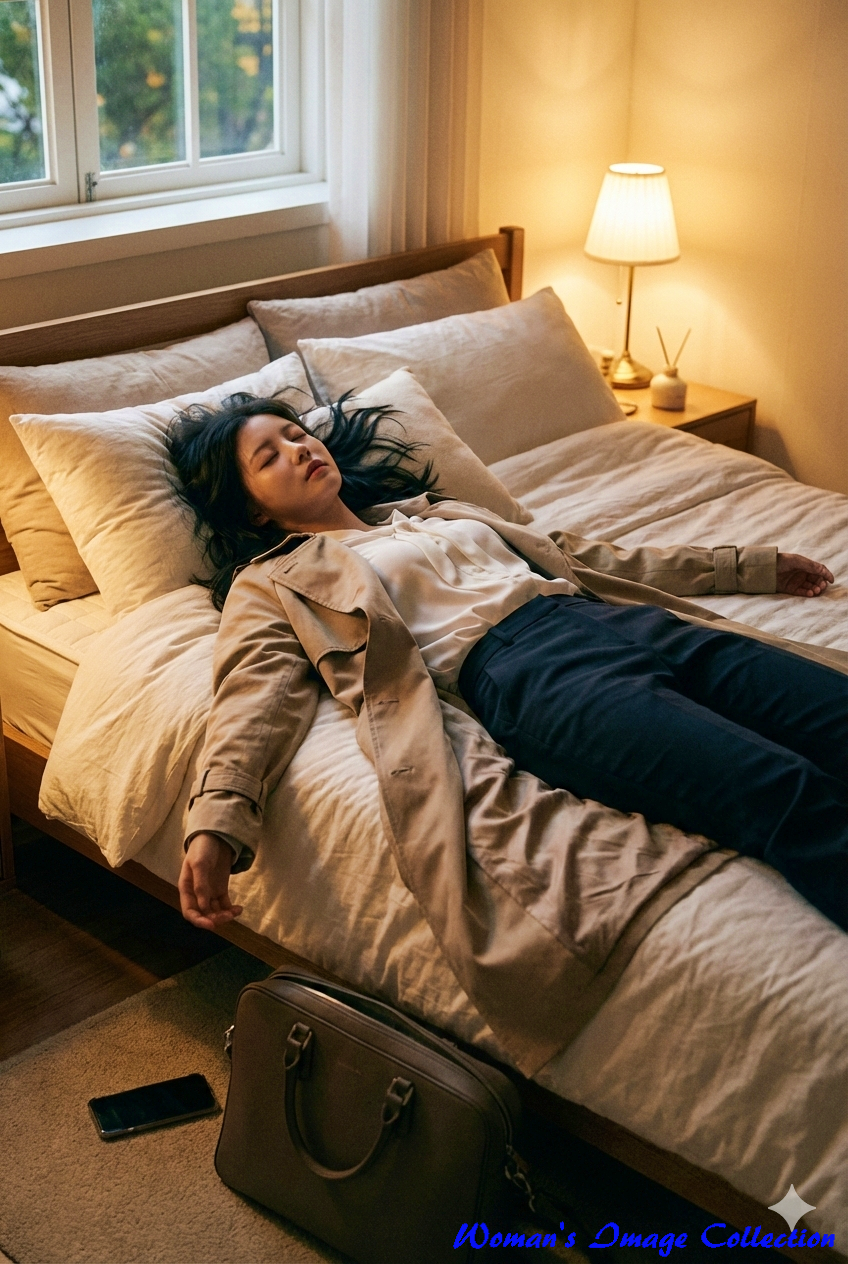 夜の室内、トレンチコートを着たままベッドに仰向けで倒れ込んで眠る黒髪の女性。暖色系の照明。