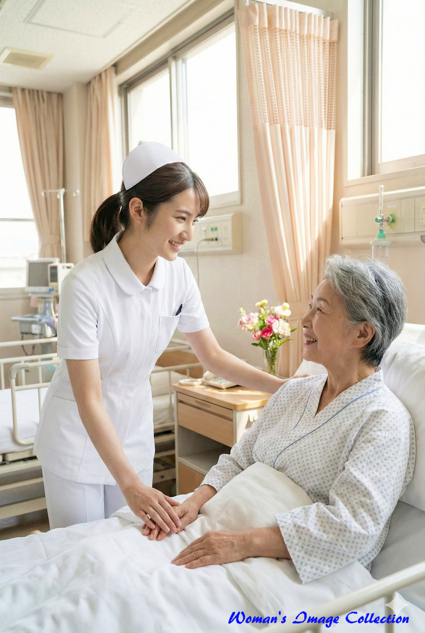 入院患者の手を握り、笑顔で寄り添いながら看護を行う女性看護師