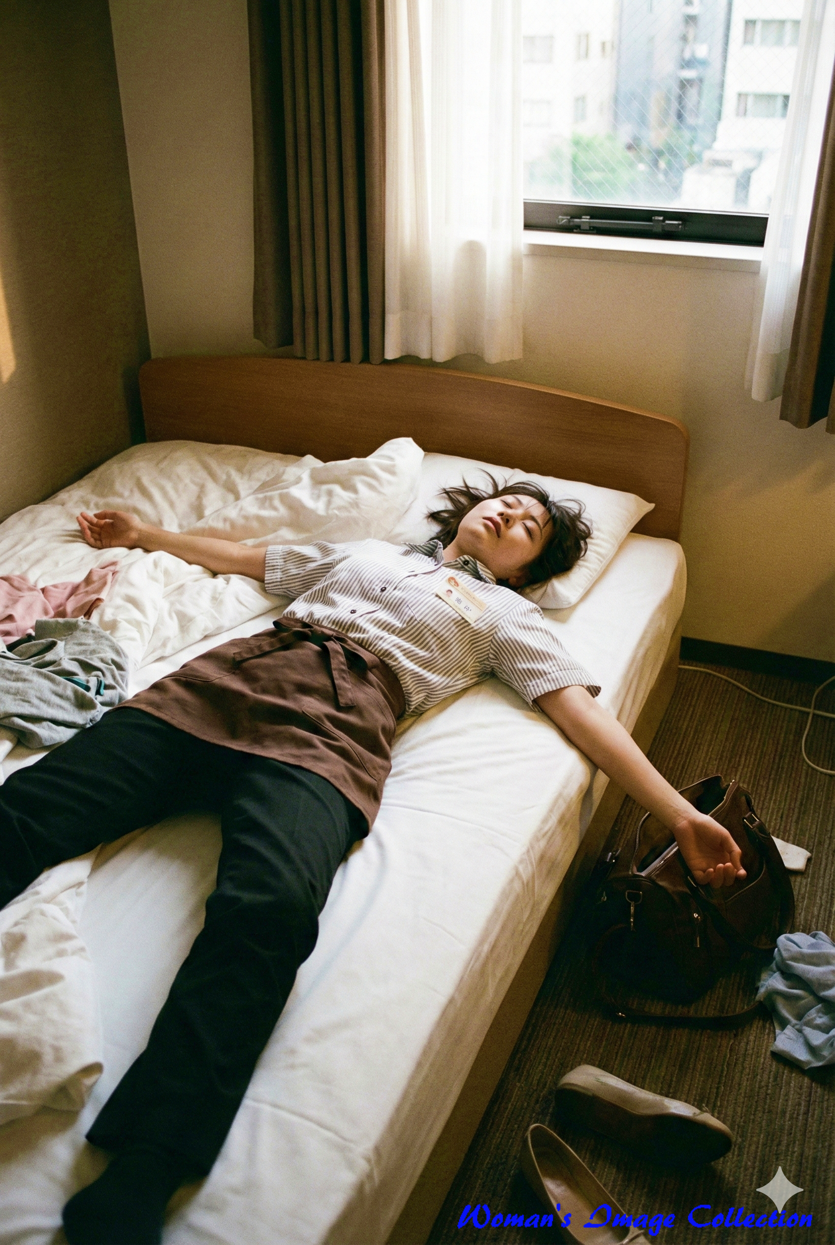 カフェ店員のようなエプロン姿のまま、ベッドの上で大の字になって眠っている女性。自然光が入る部屋。