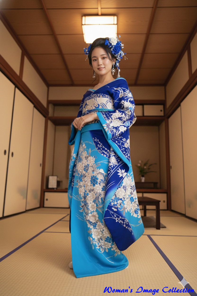 青い着物の全身の柄が見える立ち姿の女性