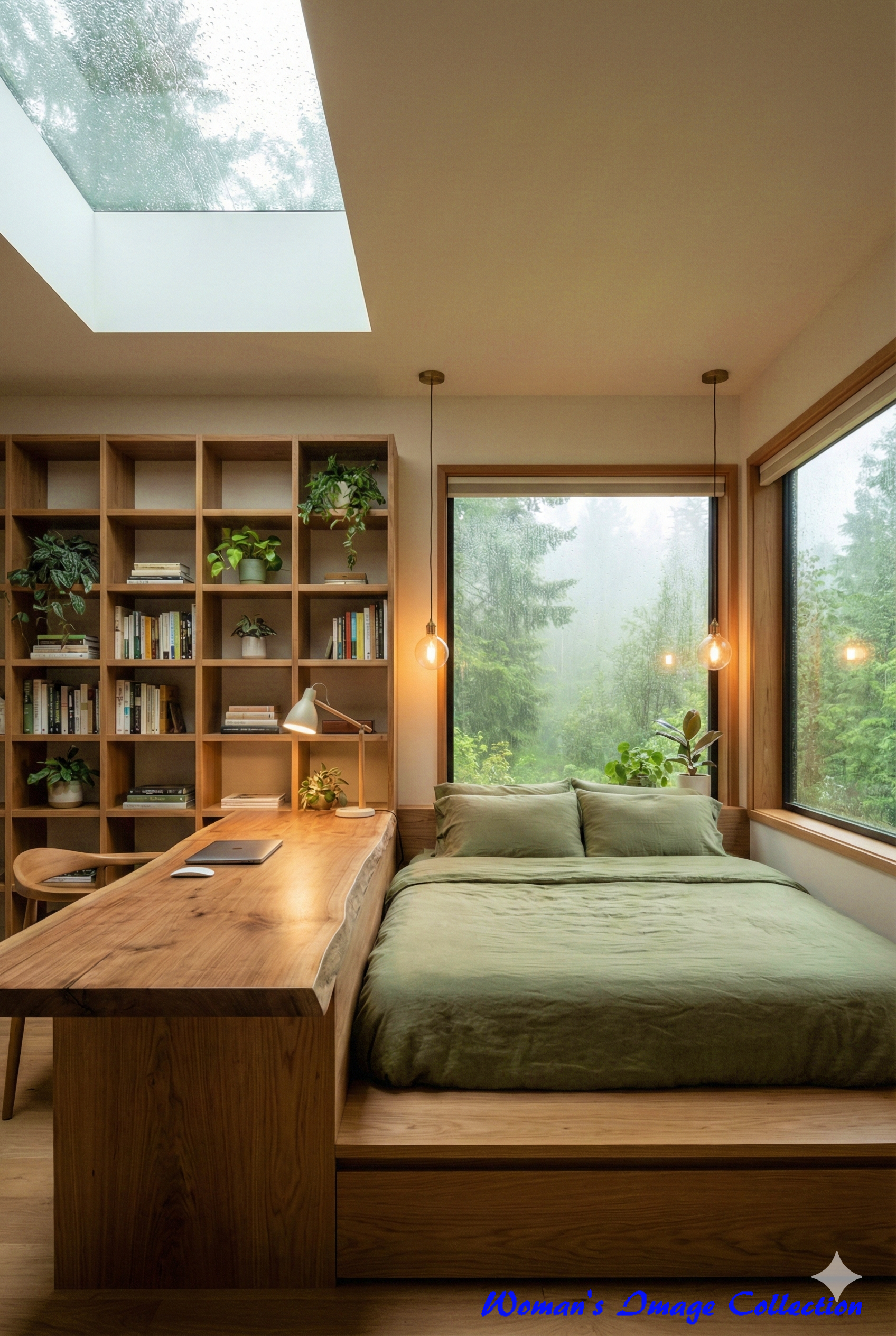 雨の森を望む大きな窓があるシンプルなワークスペース。ペンダントライトと整理された本棚。