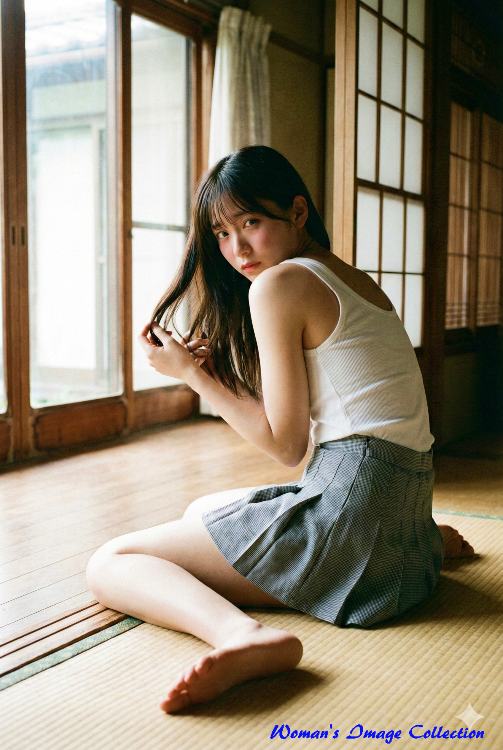 和室でこちらを見つめる黒髪ロングの女性。少しアップの構図でアンニュイな表情。