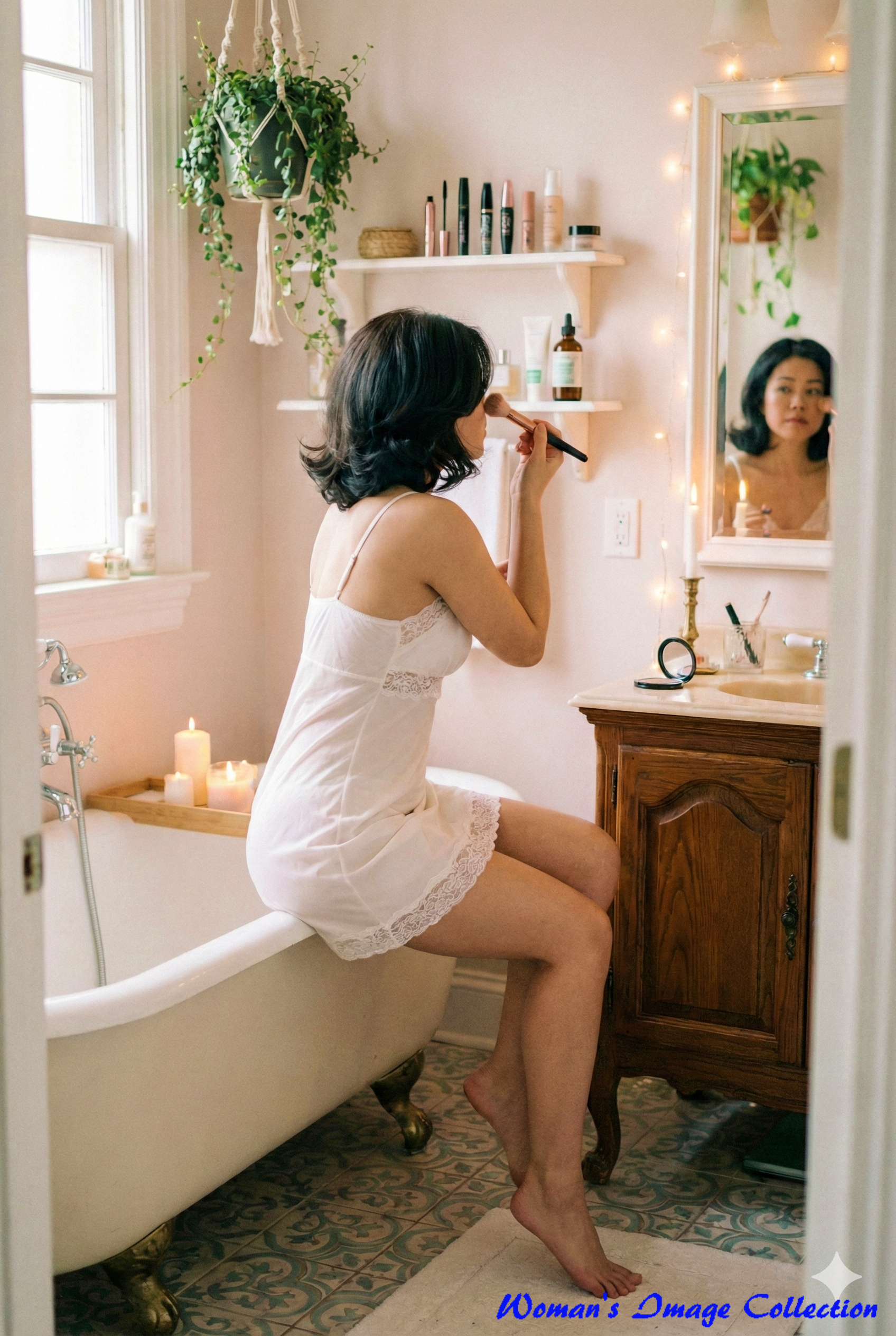 バスタブに座る女性の横顔。背景に吊り下げられた観葉植物と木製の洗面台が写る、落ち着いたパステル調の室内風景。