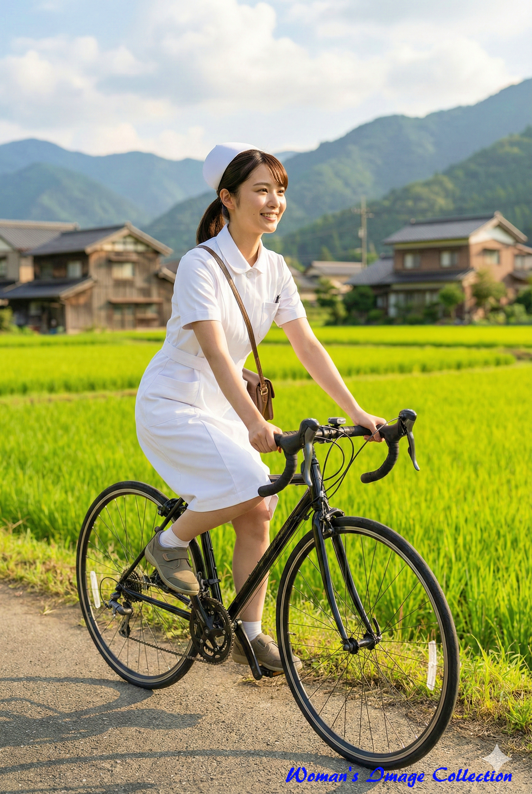 20代の日本人看護師が田園風景の中でロードバイクに乗る姿 リアルな実写写真 Gemini