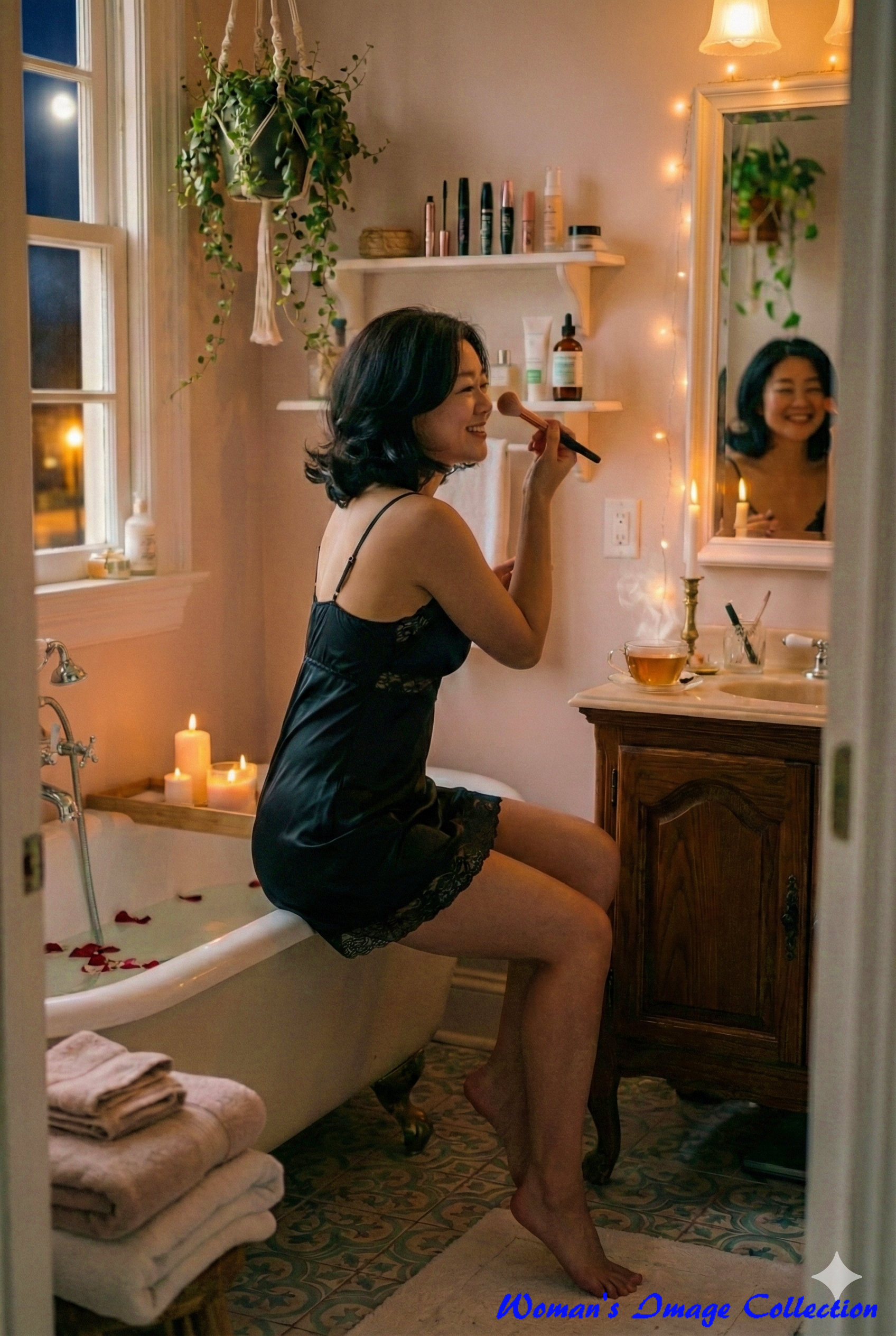 模様入りの床タイルと猫脚のバスタブが特徴的な、アンティークなバスルーム全体を捉えたフルショット。