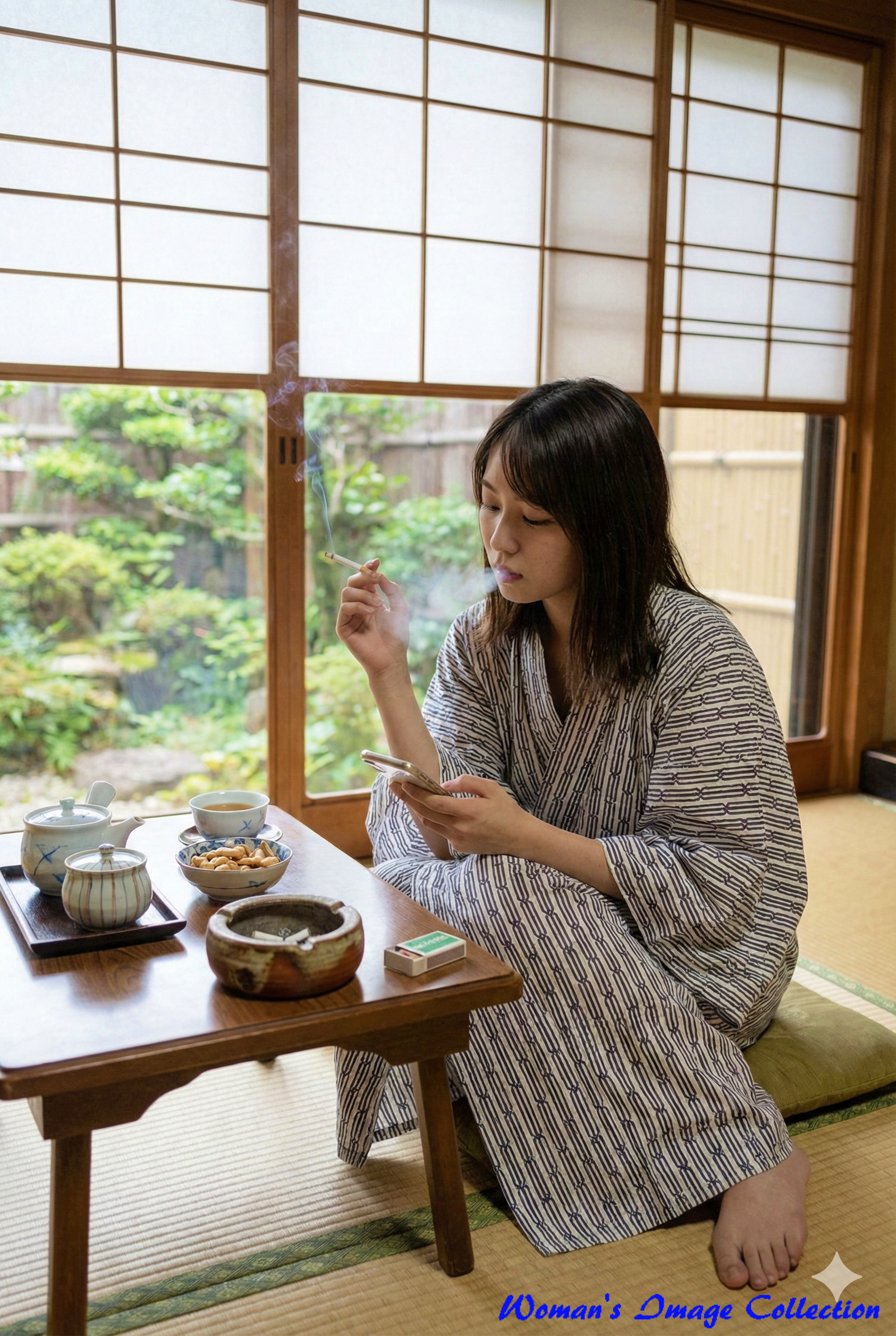 和室でタバコの煙をくゆらせながら、物憂げな表情で外を眺める浴衣姿の女性