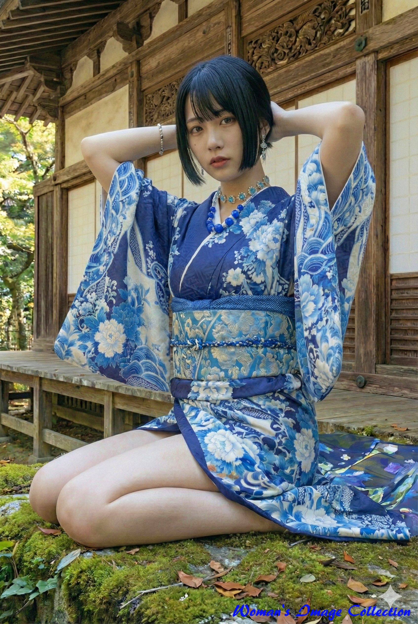 両手を後頭部に回して正面を見つめる青い着物を着た女性の画像