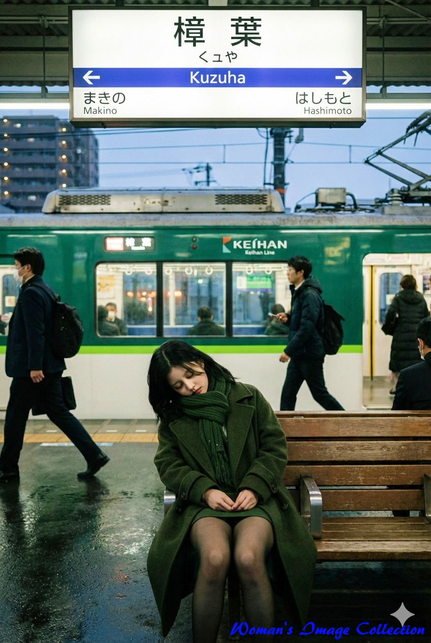 駅のベンチに座り、うつむいて眠っている緑のコートの女性。頭上に「樟葉」と書かれた駅名標がある。