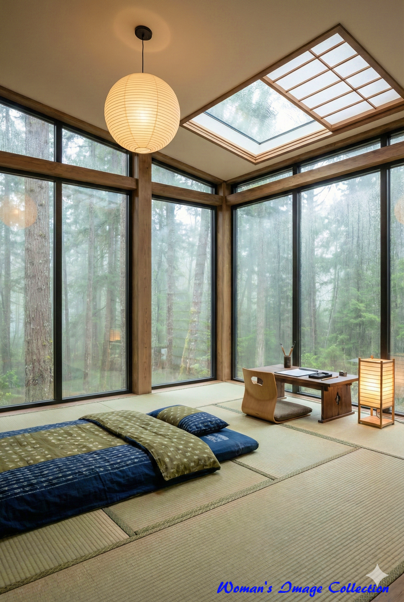 全面ガラス張りのモダンな和室。太い柱と梁があり、森の景色をダイナミックに楽しめる文机のある部屋。