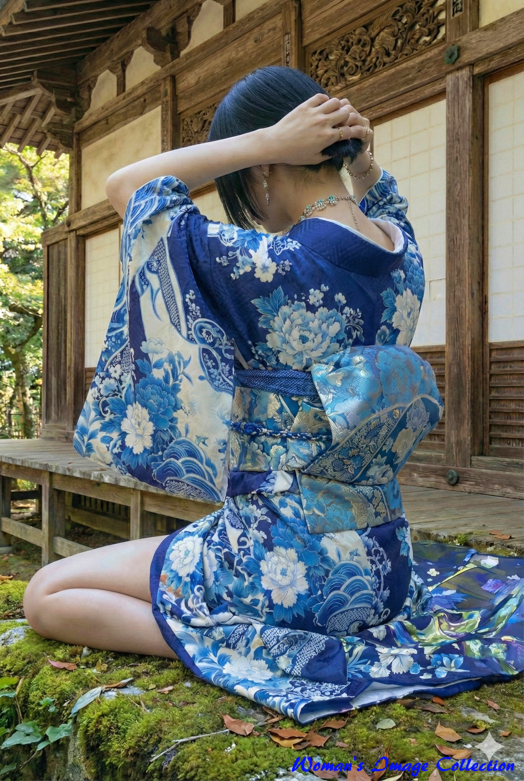 青い着物を着た女性が髪をかきあげる後ろ姿と青と金の豪華な帯結びの画像