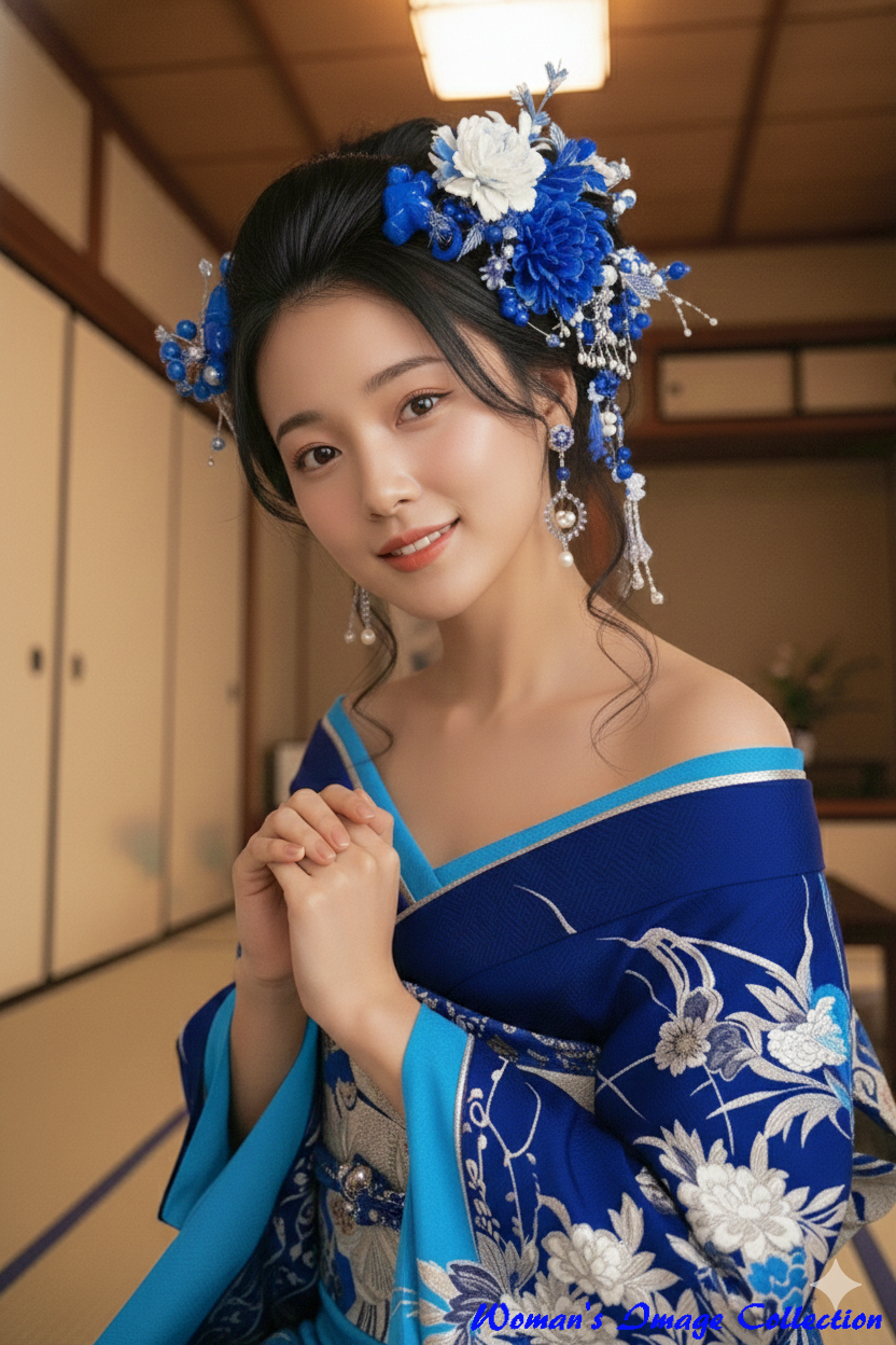 胸元で手を組み微笑む青い髪飾りの女性のバストアップ