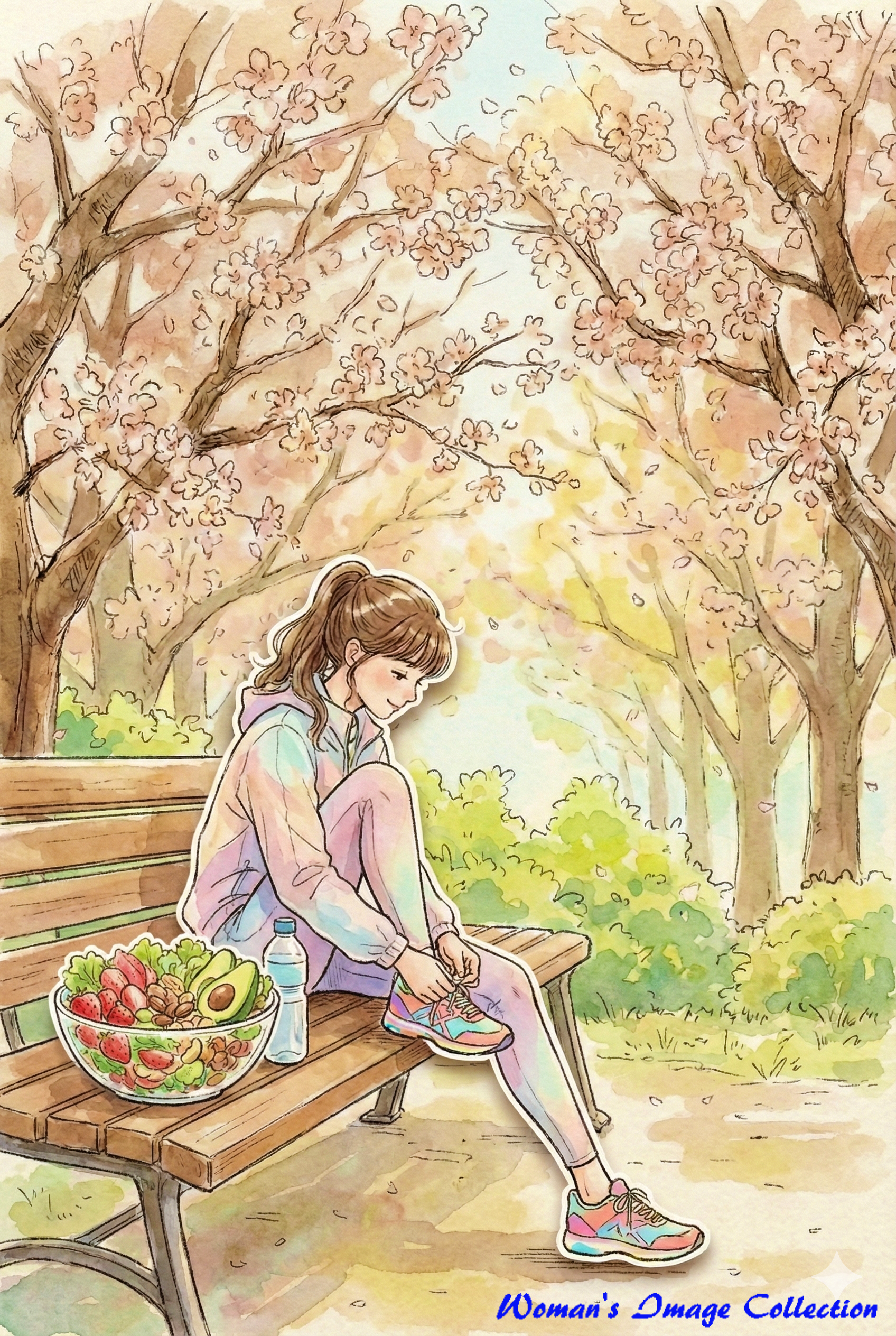 桜の木の下のベンチに座る女性、パステルカラーの服装、水彩画と切り絵のレイヤー表現