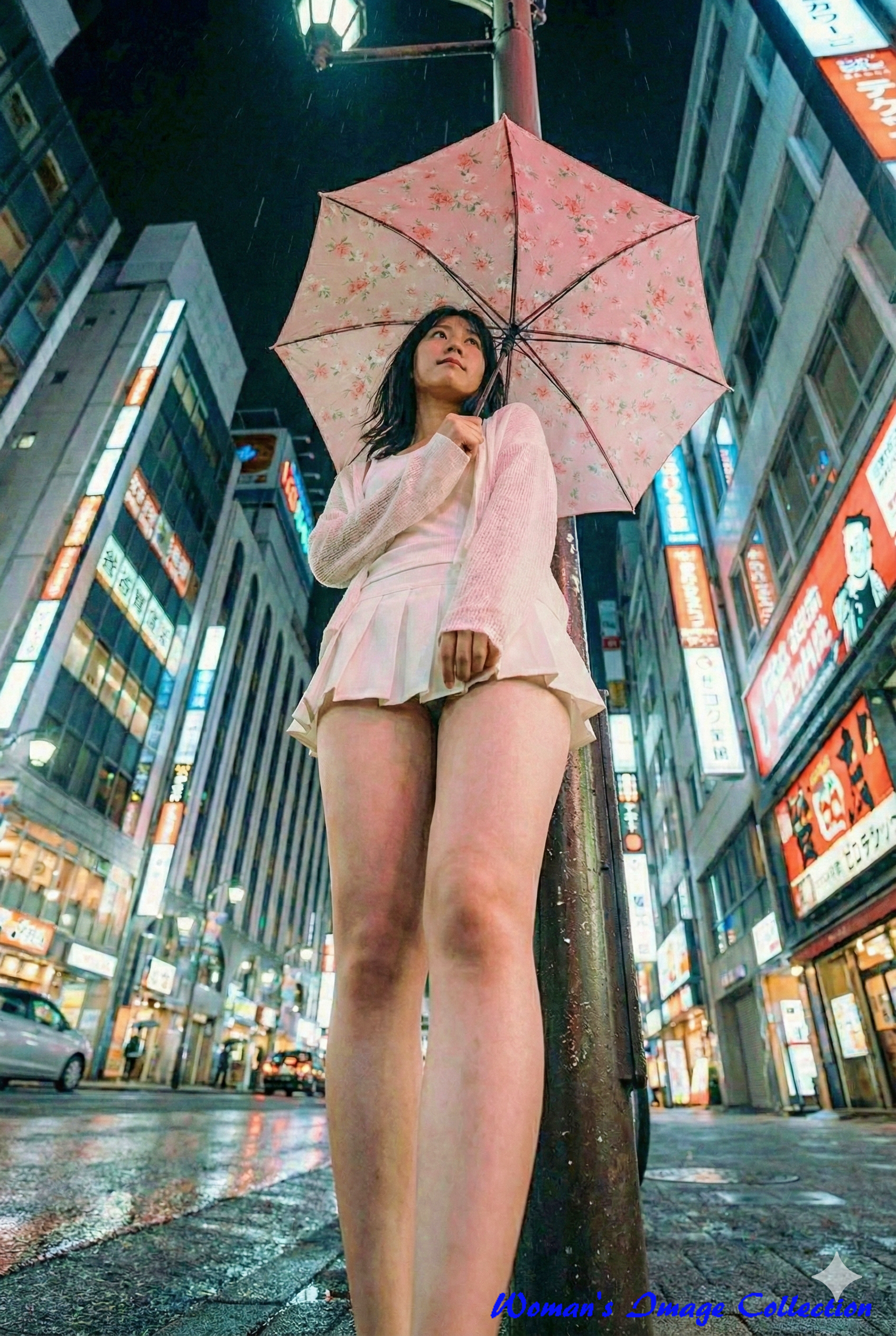 雨の夜の繁華街でピンクの傘を差す白い服の女性のローアングル実写風画像（AI生成）