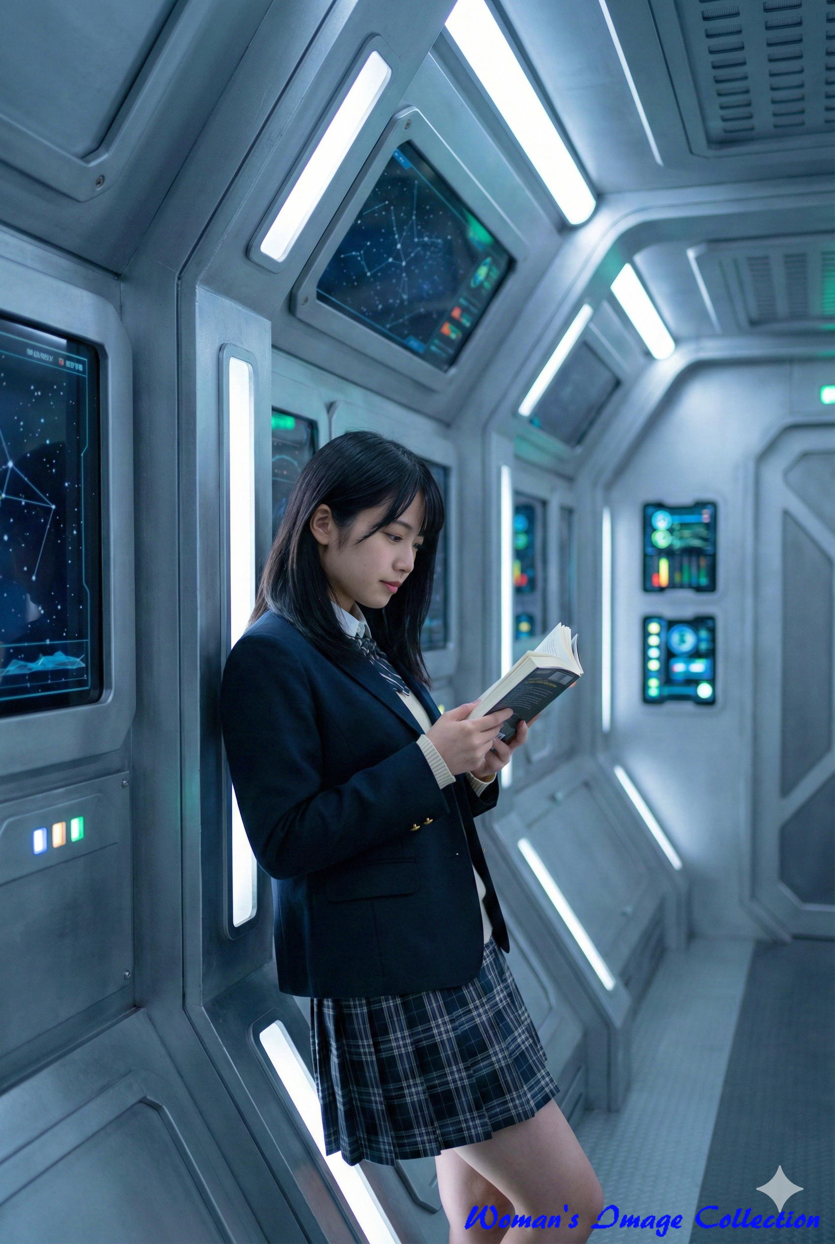 発光する計器パネルが並ぶ宇宙船の壁面に寄りかかり本を読む女子高生の横顔