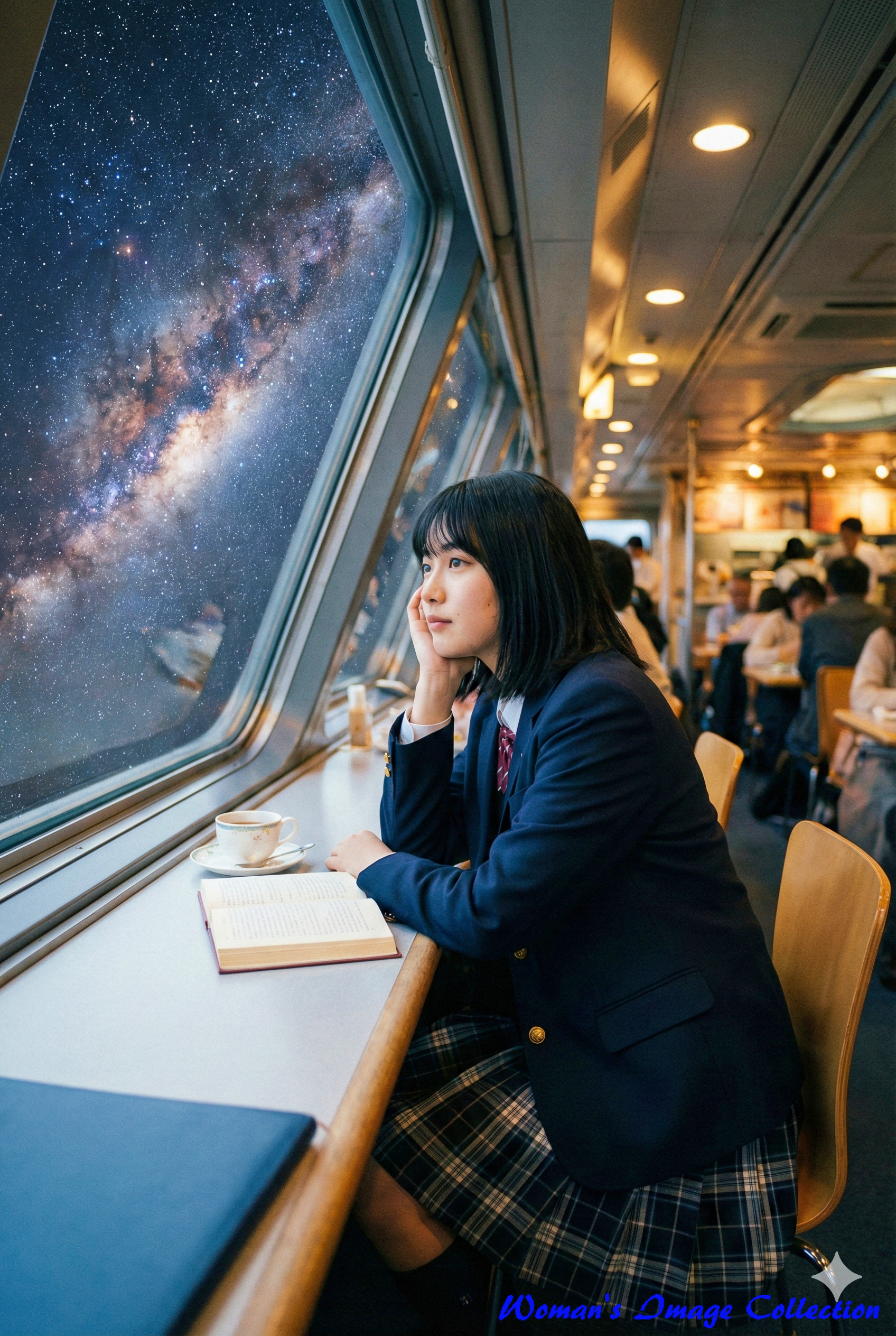 窓の外に広がる壮大な銀河を背景に宇宙船内のテーブル席でくつろぐ女子高生