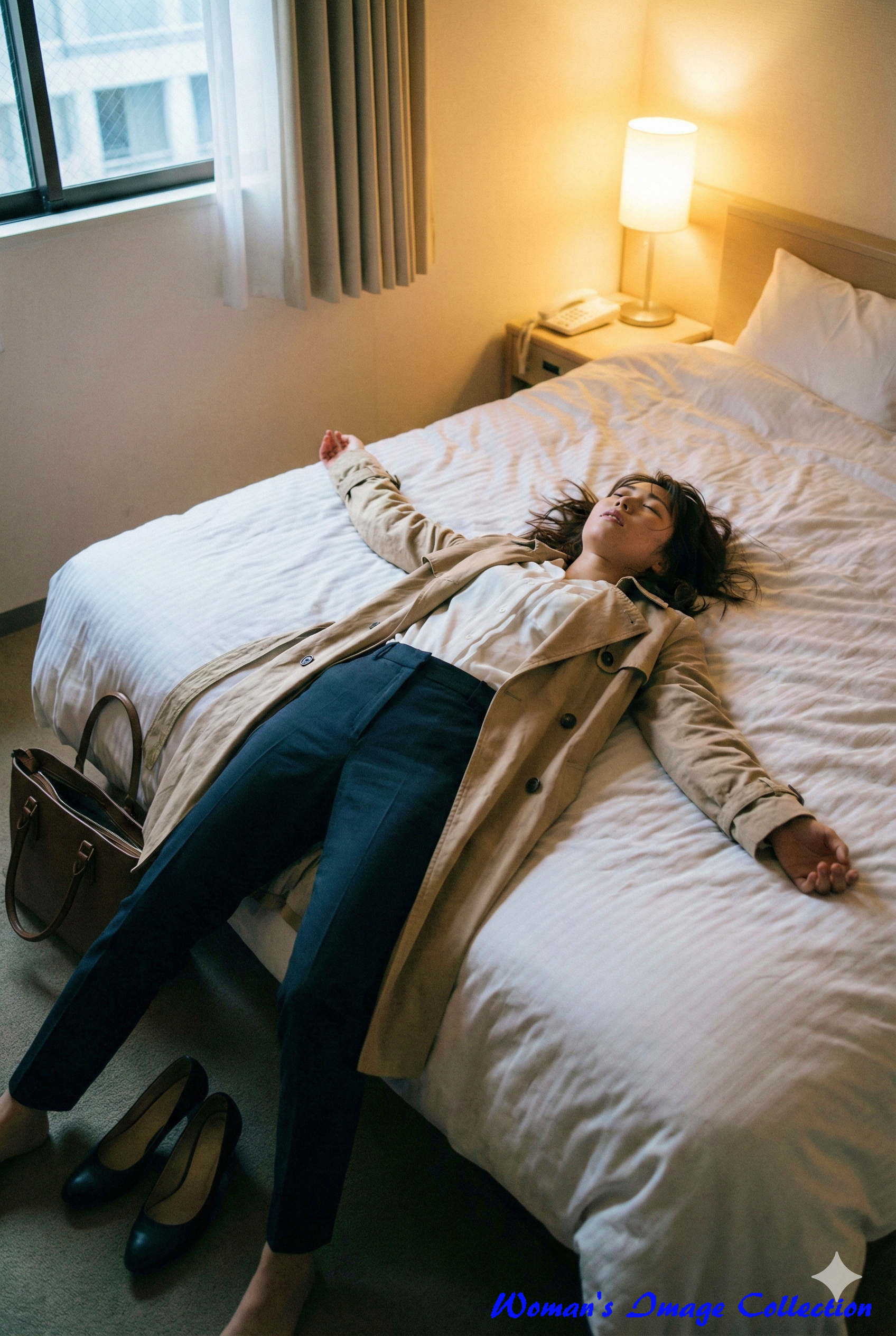 トレンチコートとスーツパンツ姿で、ベッドに大の字になって眠る女性。脱いだ靴が床にある。