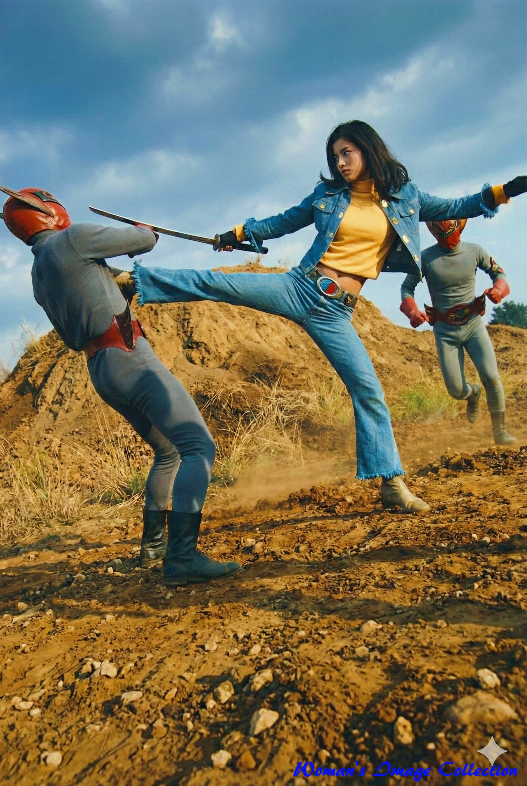 刀を構えた戦闘員に対し蹴りを放つ特撮風アクションの女性 Gemini