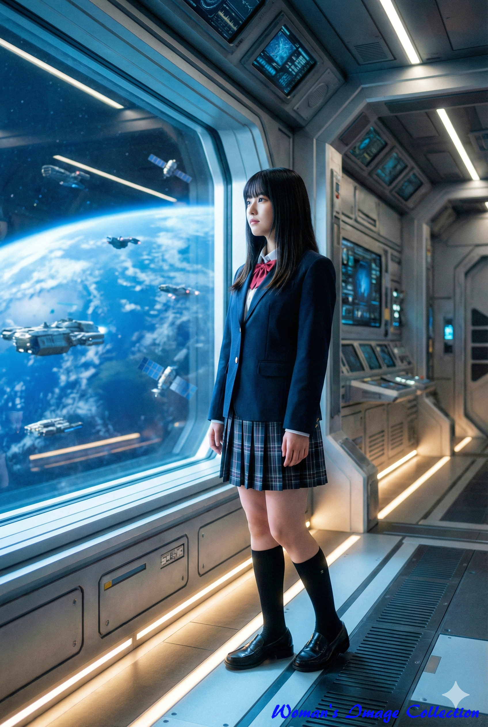 巨大な展望窓の前に立ち外の青い惑星や宇宙船を見つめる制服姿の女子高生