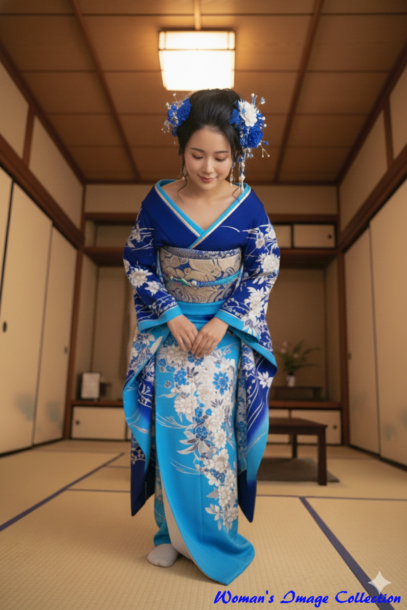 両手を前に重ねて丁寧にお辞儀をする青い着物姿の女性