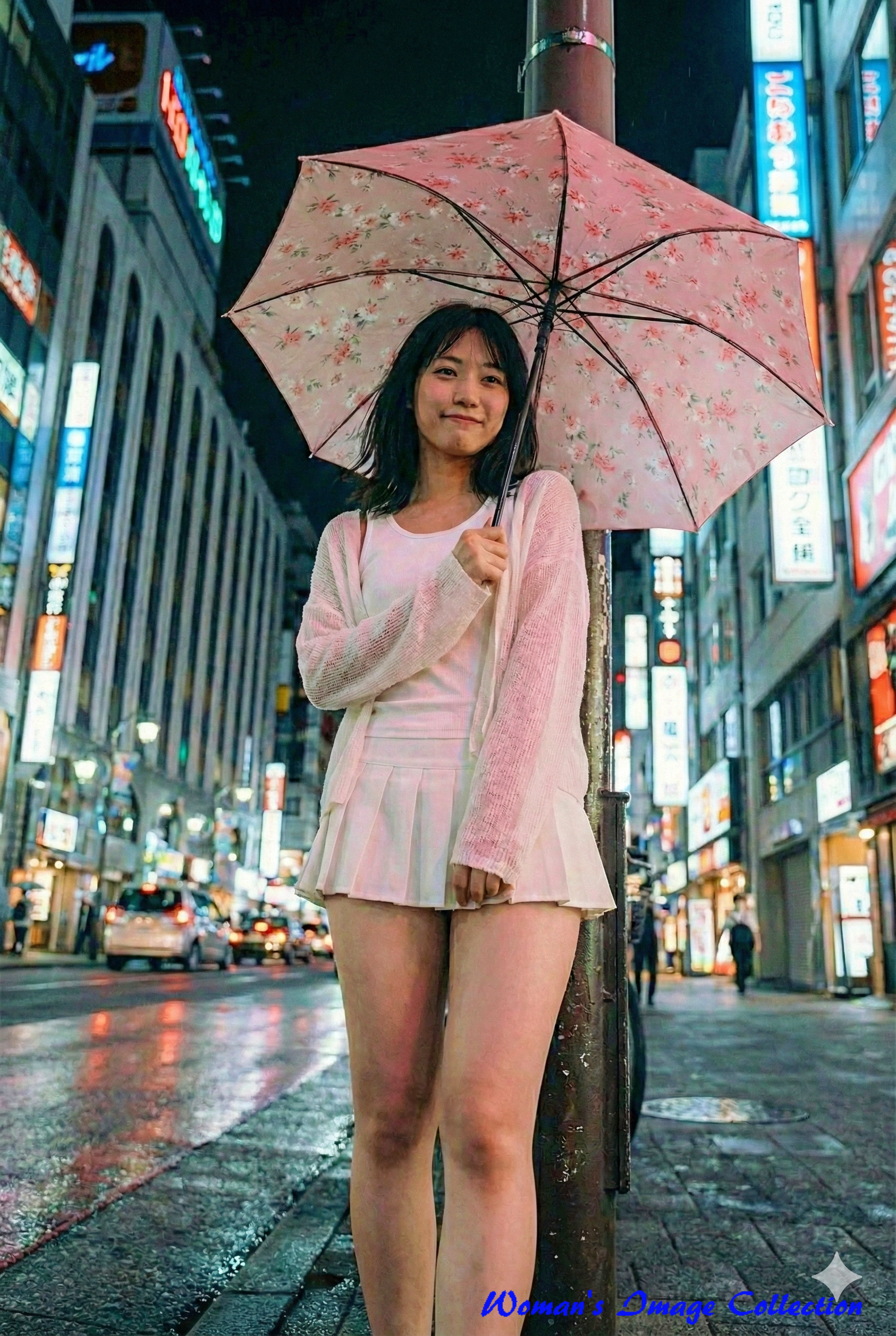 背景と表情を固定しつつ、足元から見上げるようなローアングルのあおり構図への変化。