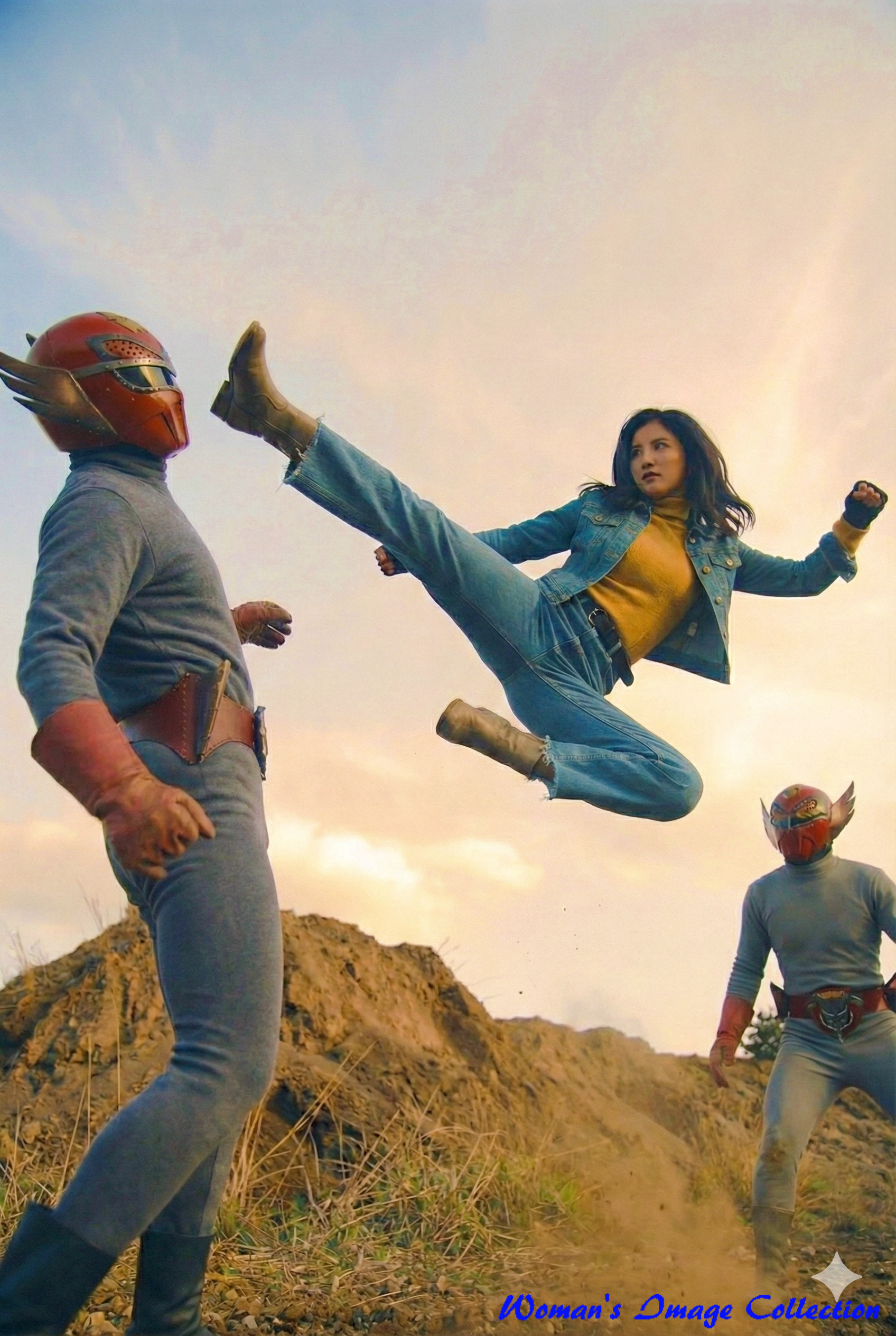 昭和特撮風の戦闘員に飛び蹴りをするデニム衣装の女性のアクションシーン Gemini