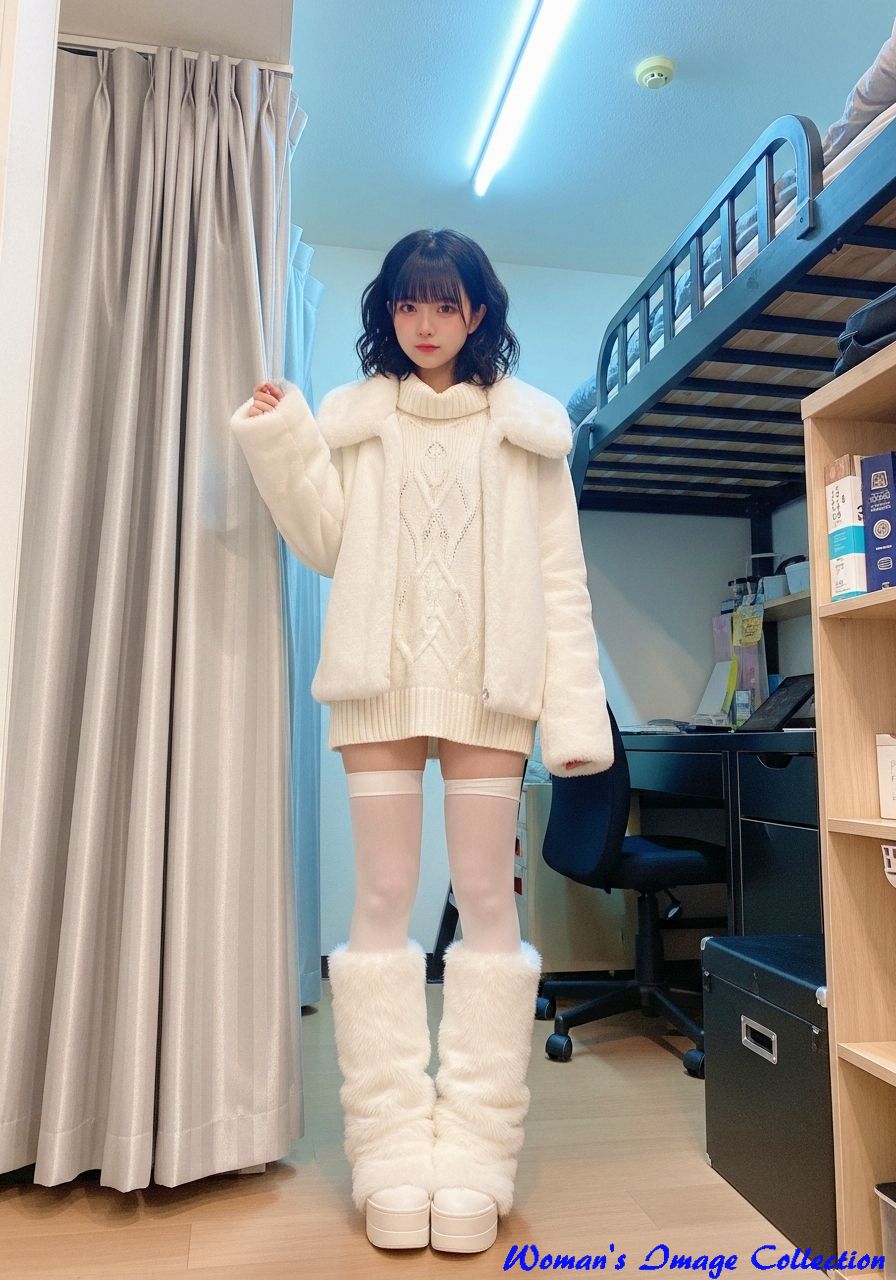 全身白コーデの天使界隈ファッション、白いファージャケットとレッグウォーマーを着た日本人女性、自室でのスナップ写真風 AI生成画像