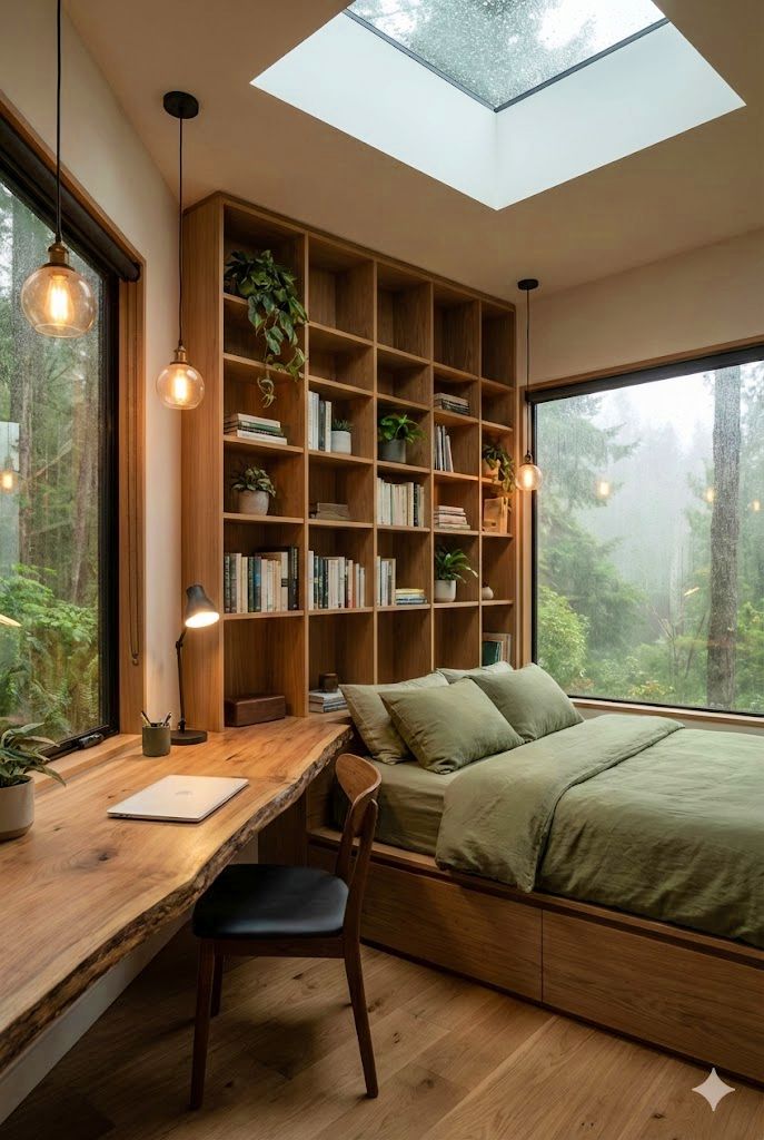 大きな天窓と窓から森が見えるバイオフィリックデザインの寝室兼書斎。木製の棚とオリーブグリーンのベッド。フォトリアルなAI生成画像。