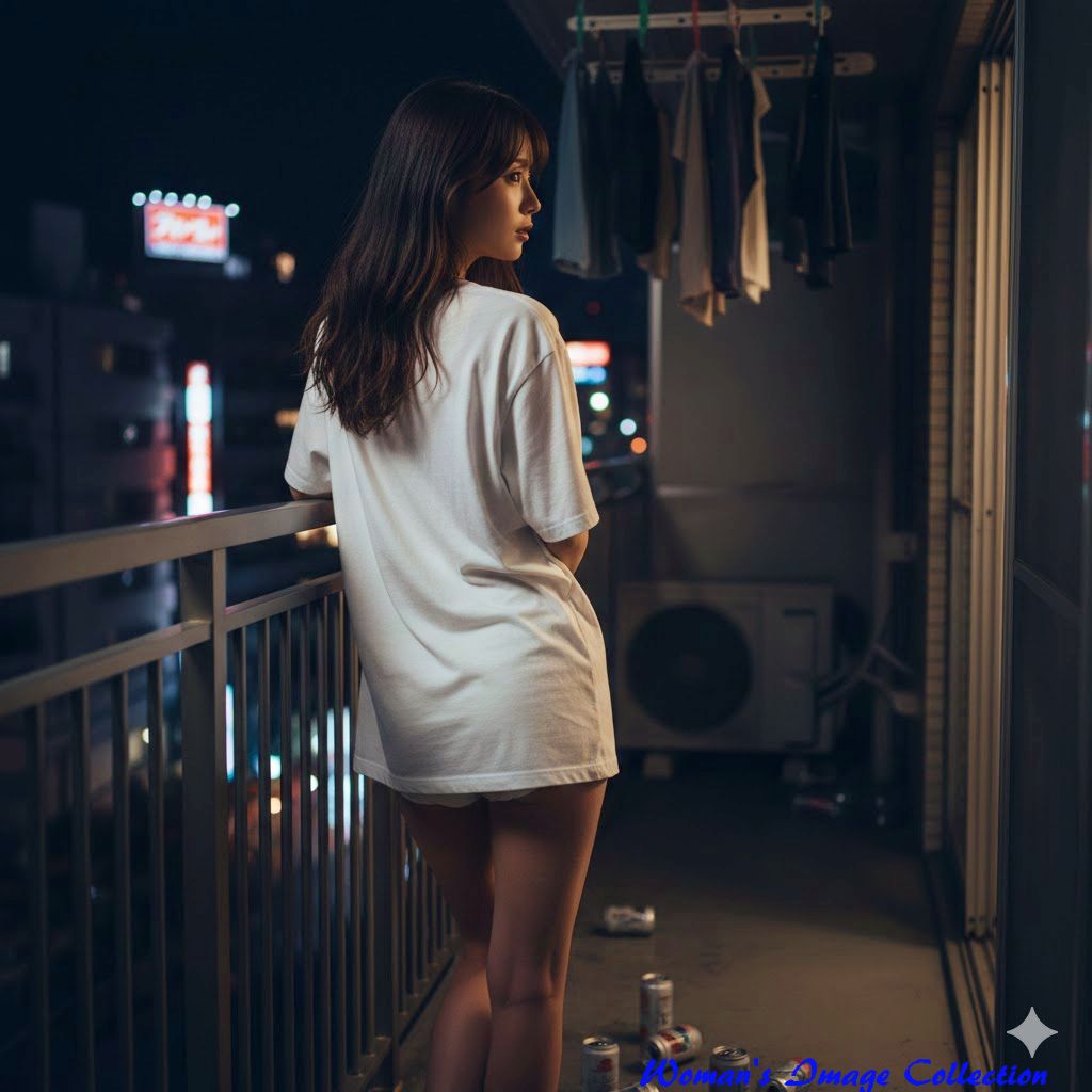 夜のバルコニーで手すりに寄りかかり遠くを見つめる、オーバーサイズの白いTシャツを着た日本人女性の後ろ姿。シネマティックなフォトリアルスタイル。