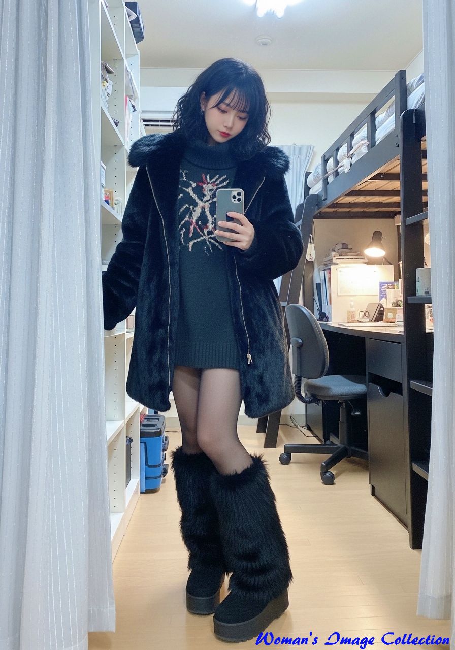 トナカイ柄のニットと黒いファーコートを合わせた冬の室内スナップ