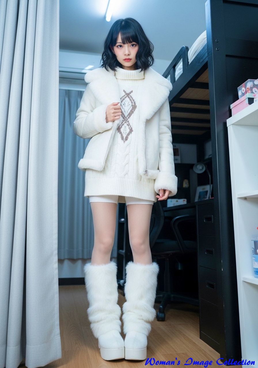 白いファーコートの下にグレーのアーガイル柄タートルネックを着た冬コーデの女性