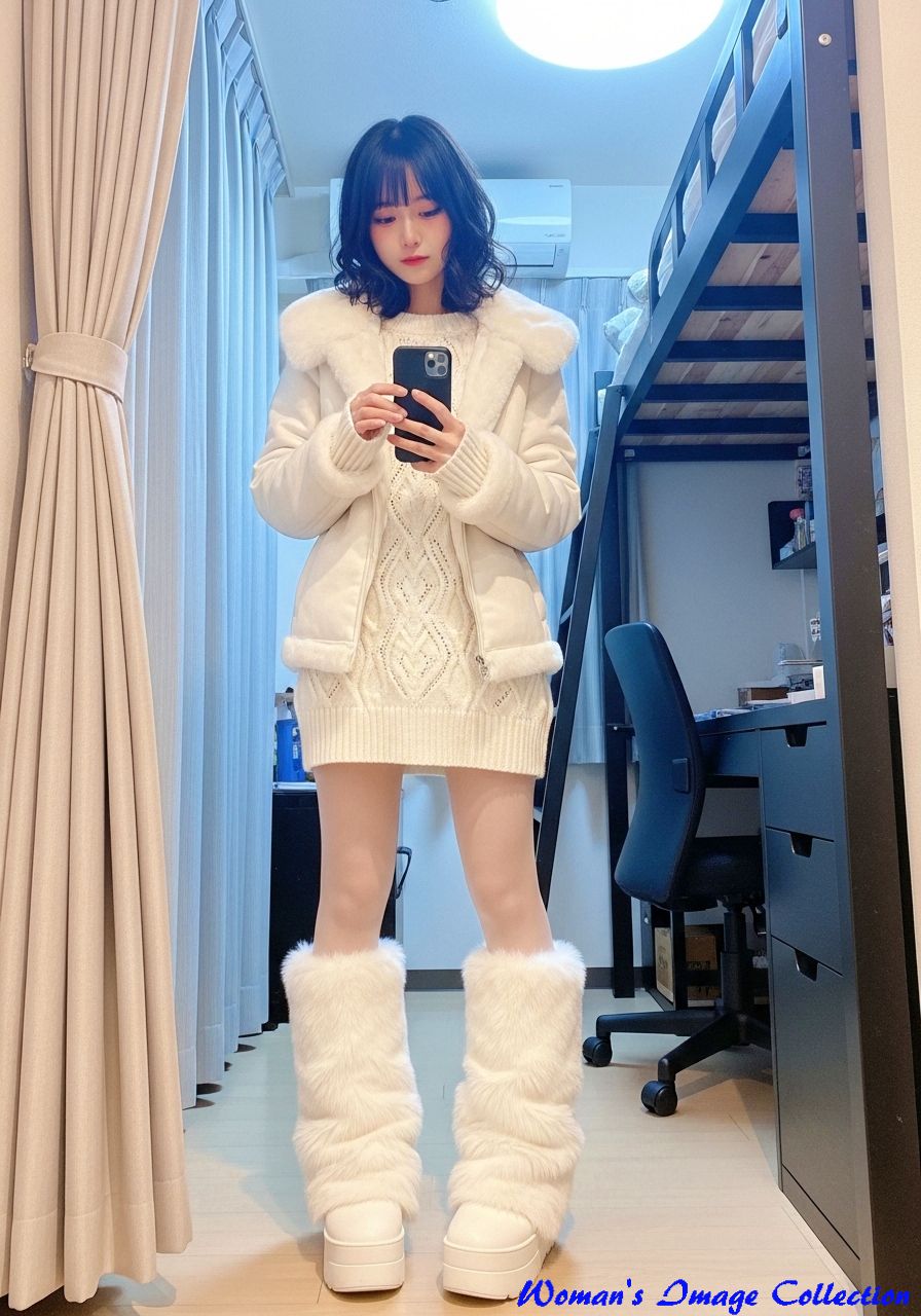 白いふわふわの冬服を着てスマホを持ち自撮りをする日本人女性