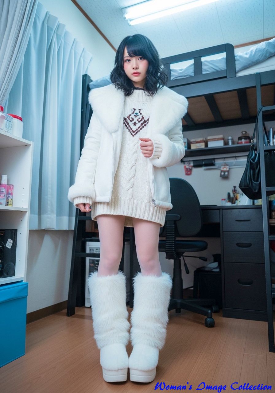 ノルディック柄の白ニットと白いファージャケットを合わせた天使界隈風コーデ