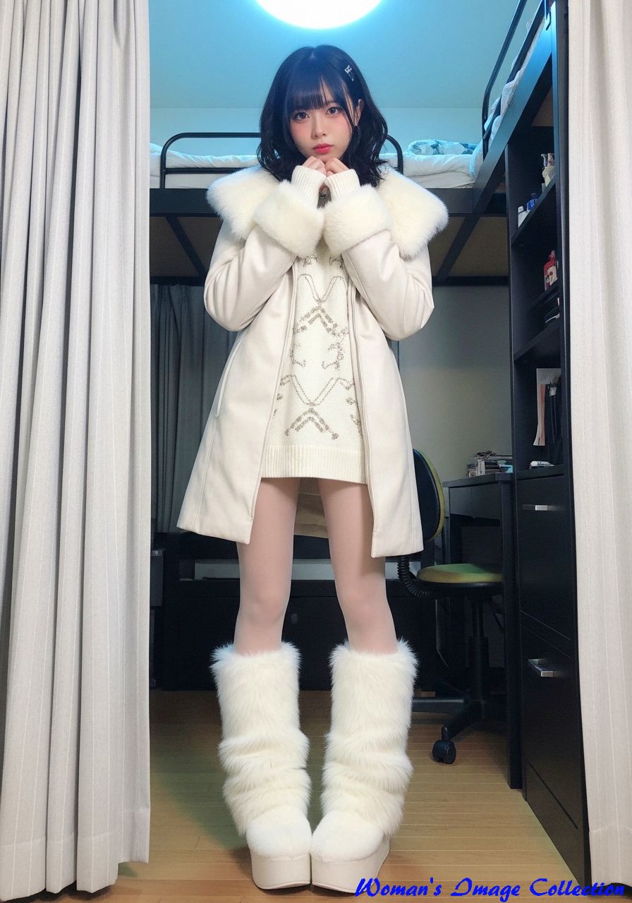 ゴールドの刺繍入り白ニットと萌え袖ポーズの冬ファッション