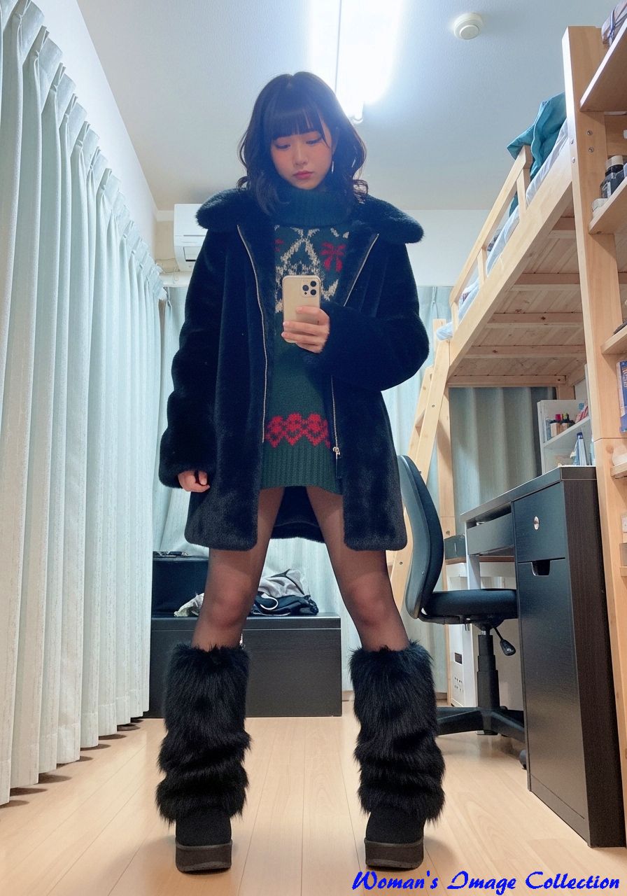 黒いファーコートとレッグウォーマーに深緑のニットを合わせた地雷系冬コーデ