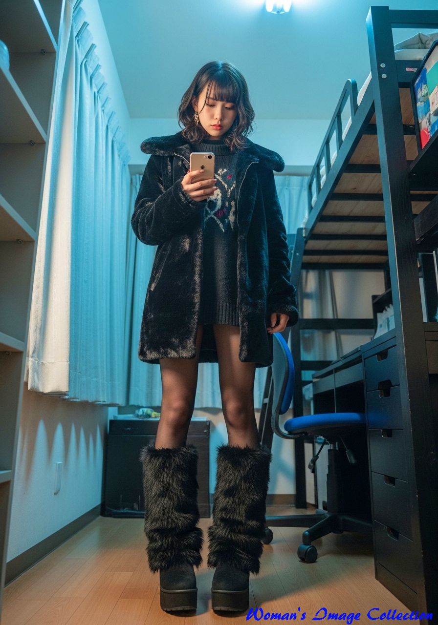 黒いアウターとダークカラーのニットで統一したクールな自室スナップ