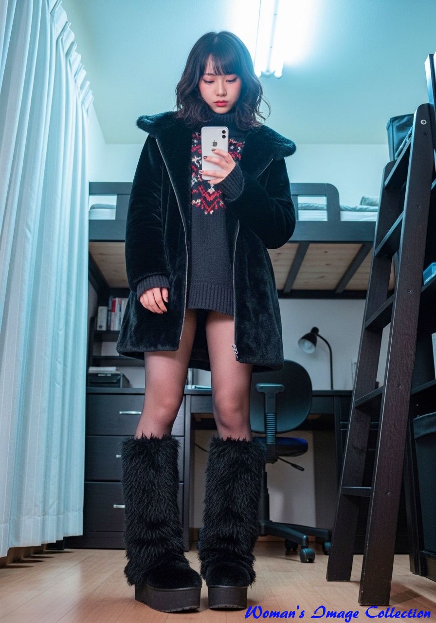 黒コーデの中に赤と白のノルディック柄ニットを合わせたコントラストのあるファッション