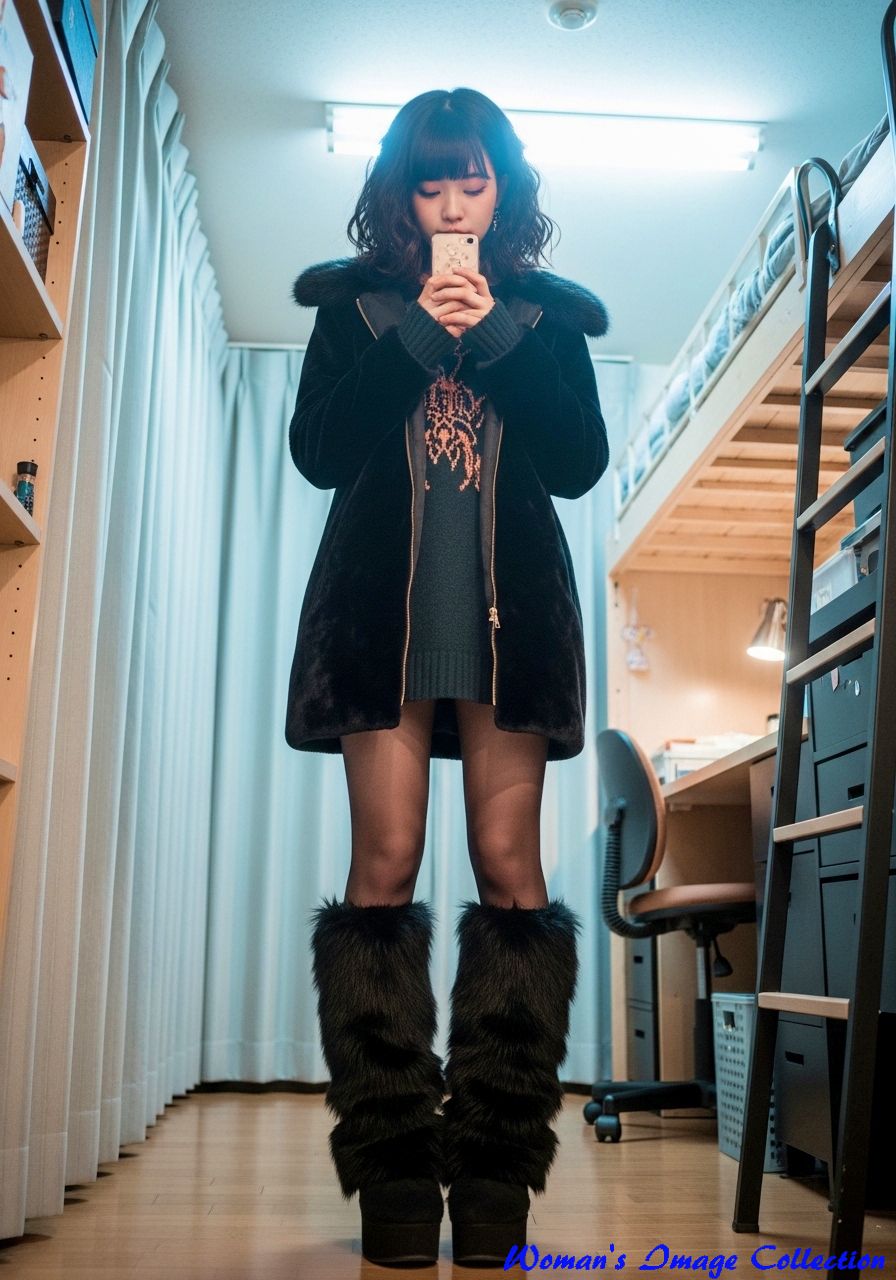 黒い厚底ブーツとファーコート、オレンジ柄のニットを着たストリート風コーデ