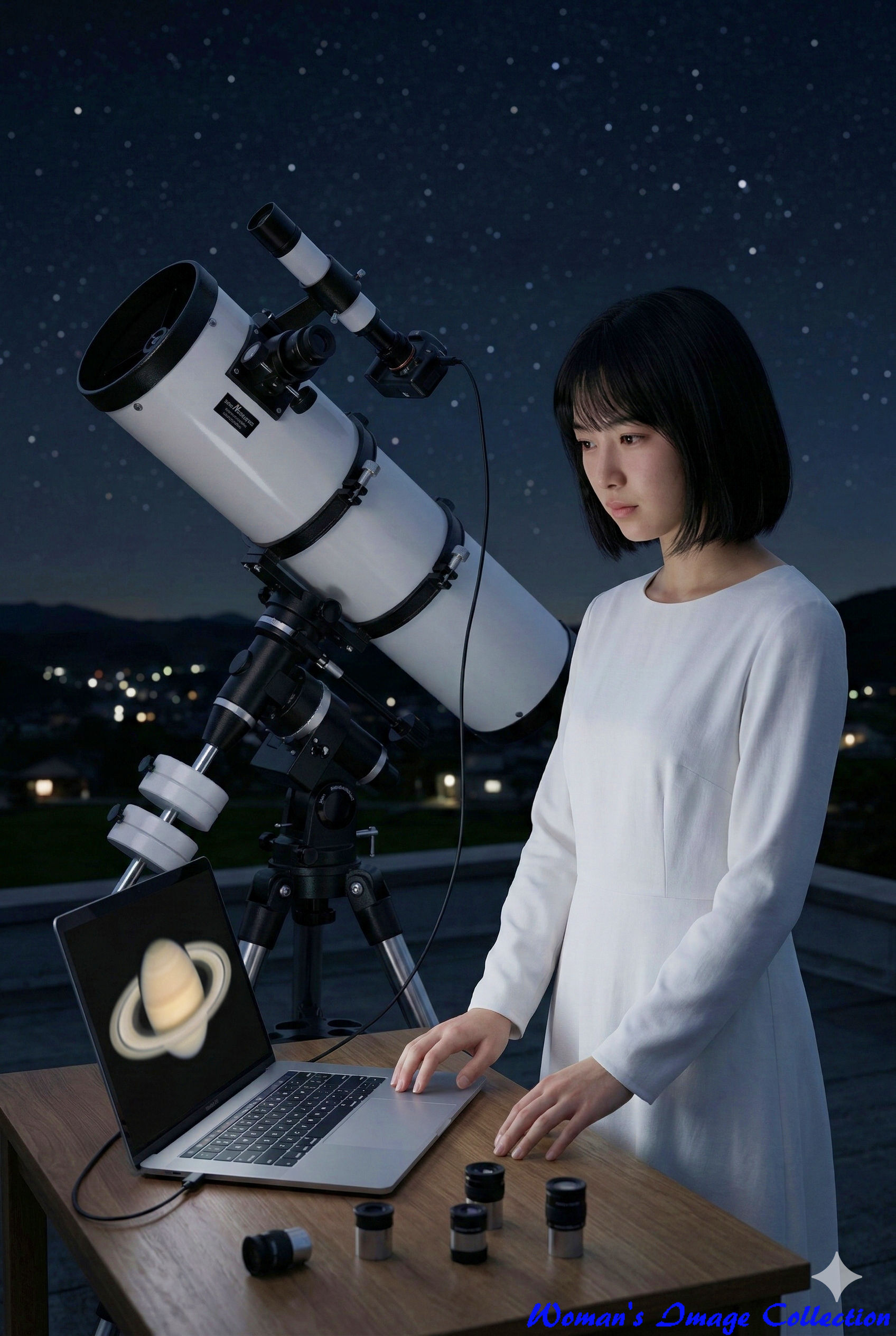 天体望遠鏡（アストロ光学LN-6E風）の隣でノートPCを使って土星を観測する白いワンピースの女性、フォトリアル、Gemini生成