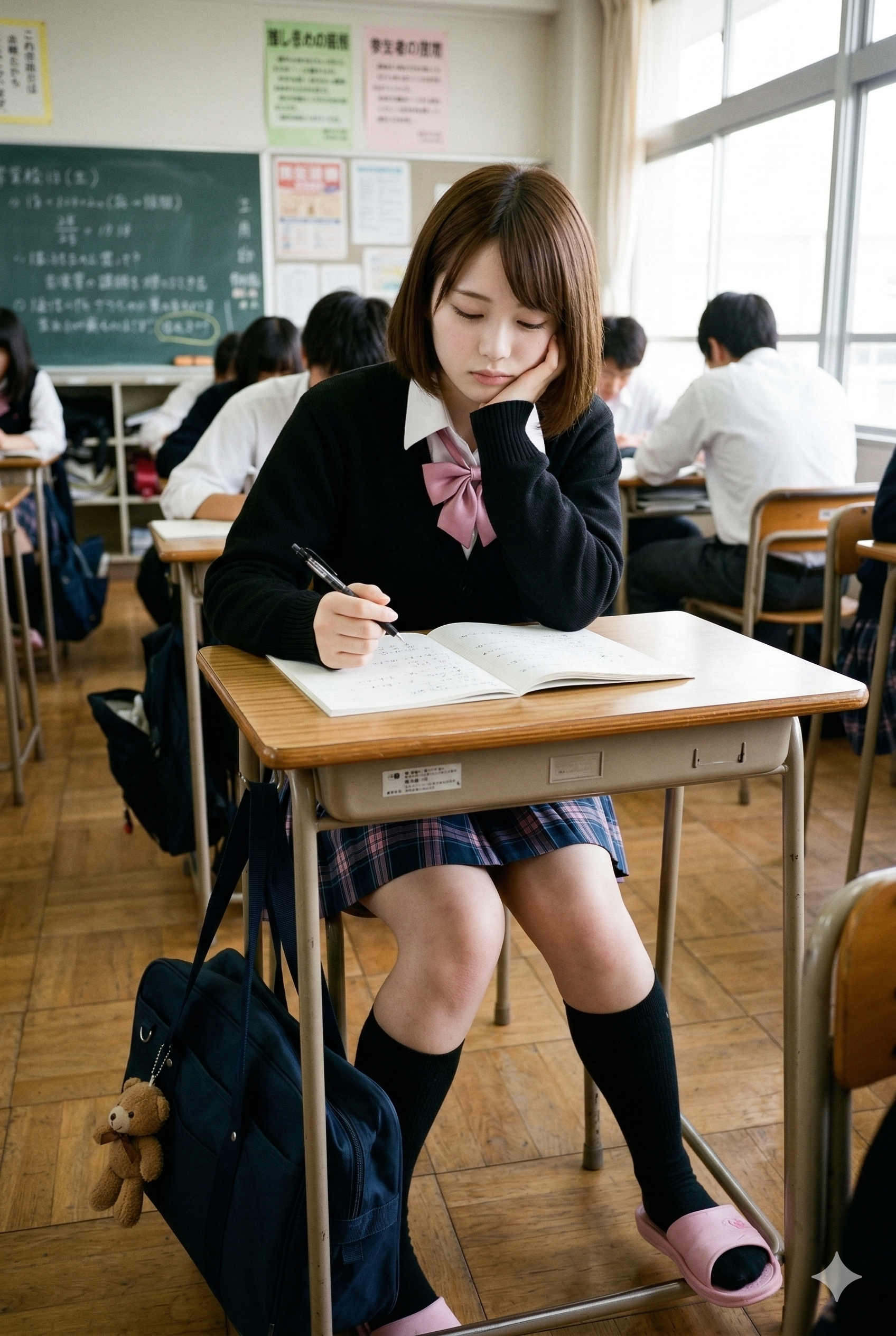 チェックスカートを履いて頬杖をつく女子学生のシネマティックな画像