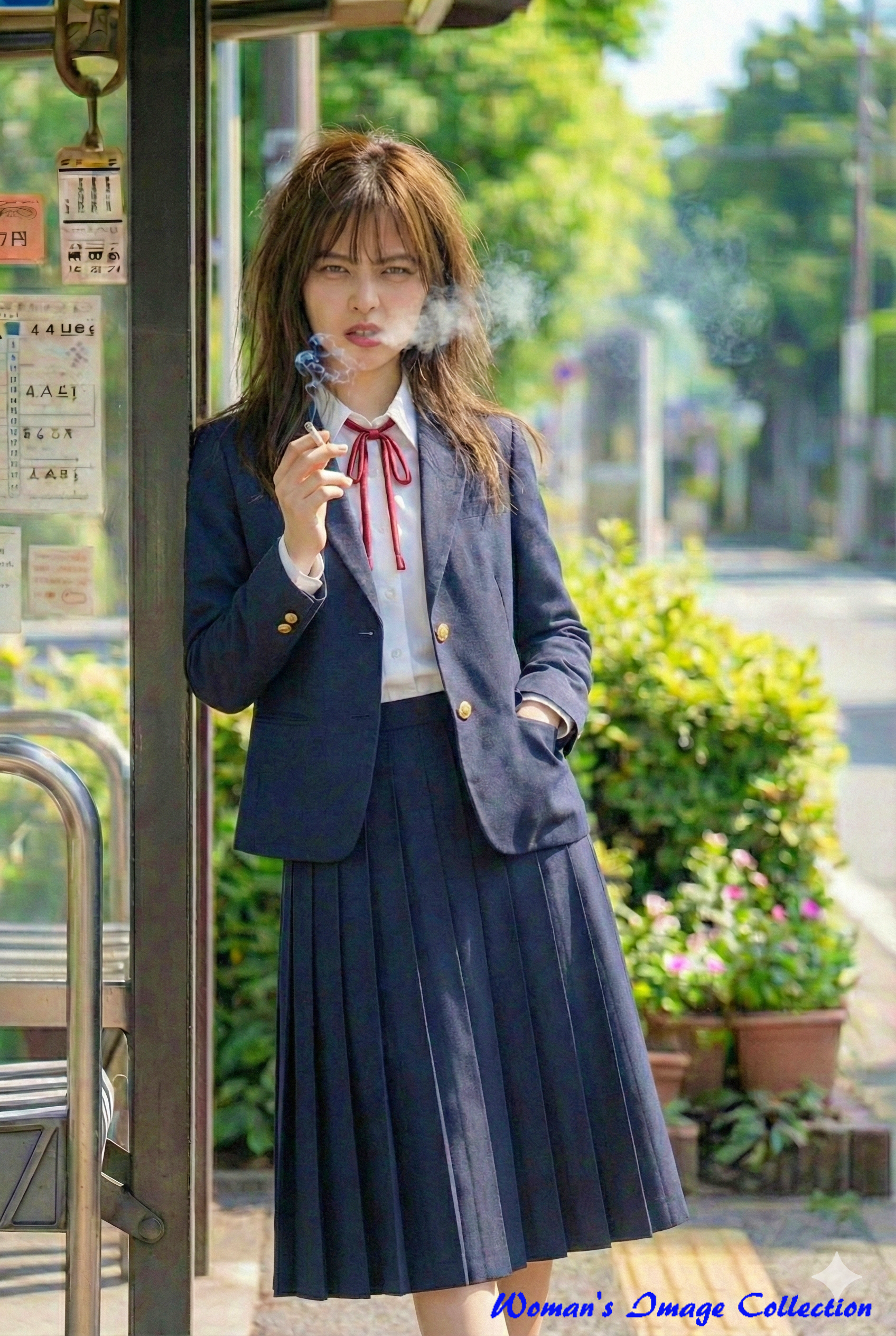 バス停でタバコを手にするアンニュイな表情の制服姿の女子高生の実写風ポートレート Gemini生成