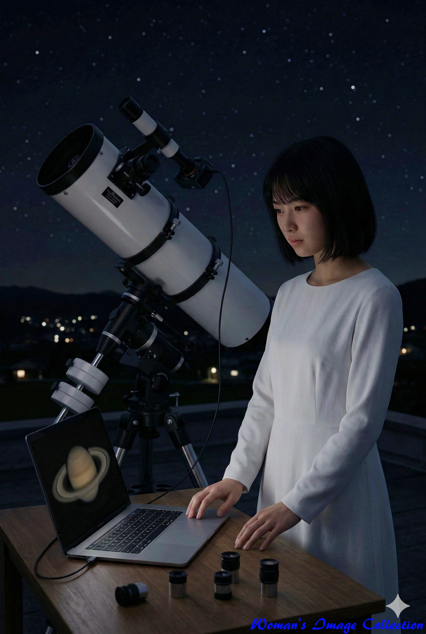 夜の屋上で大型の反射望遠鏡とノートPCを使い、真剣な表情で土星を観測する女性、アイピースが並ぶ机、実写スタイル